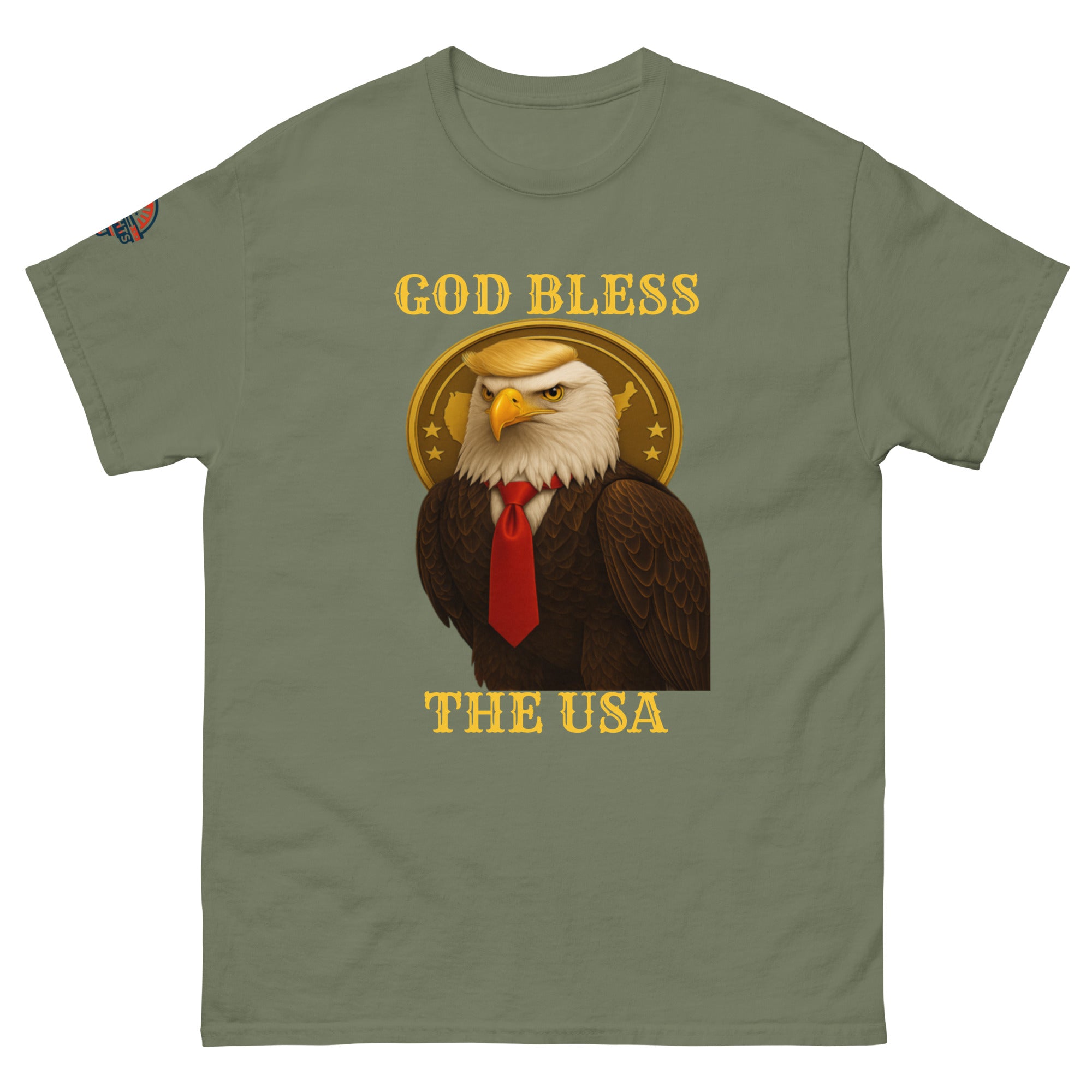 God Bless The USA patriotic eagle T-shirt in military green with Golden Age and bald eagle graphic