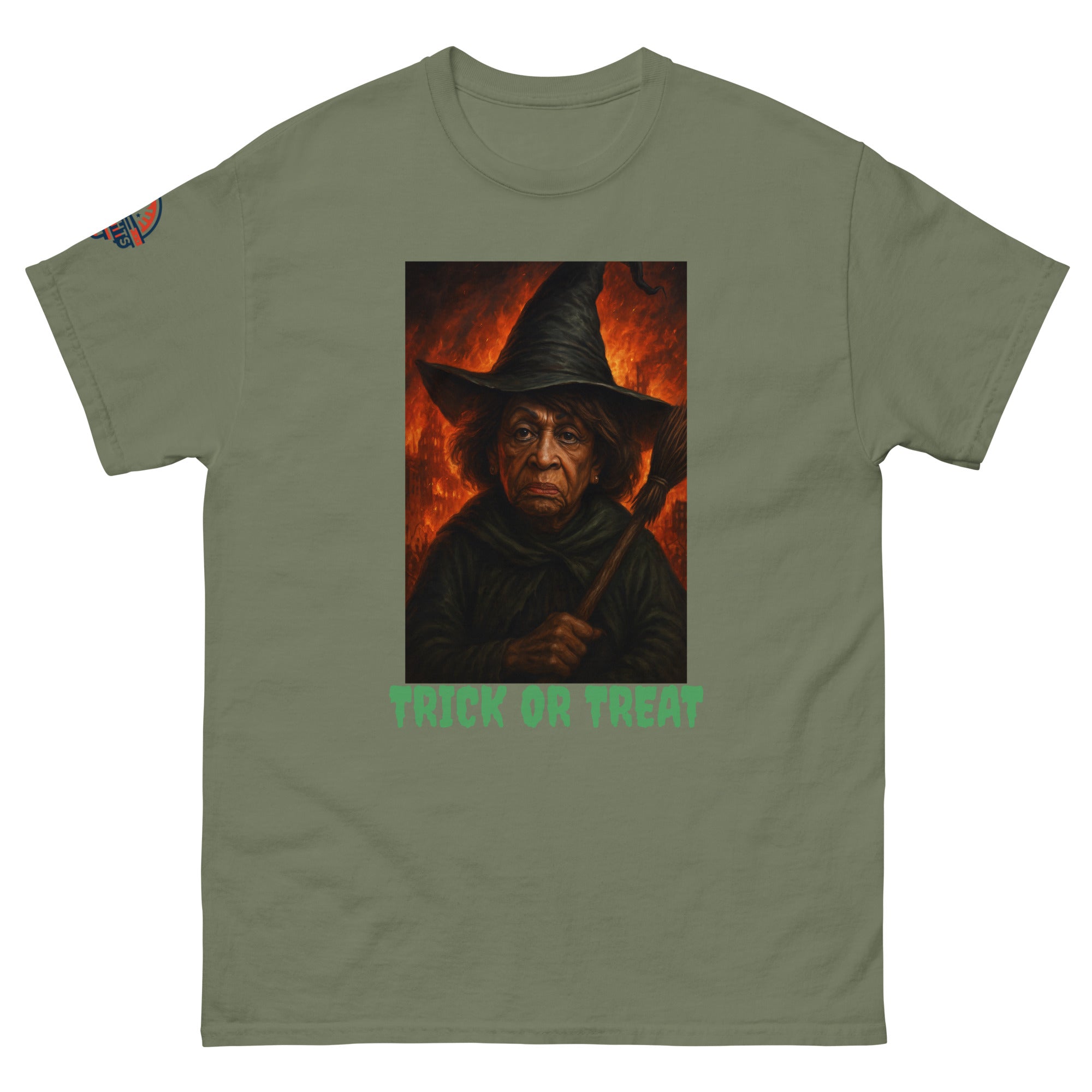 Funny Halloween Witch Military Green T-Shirt - Scary Trick or Treat Graphic Tee (front view)