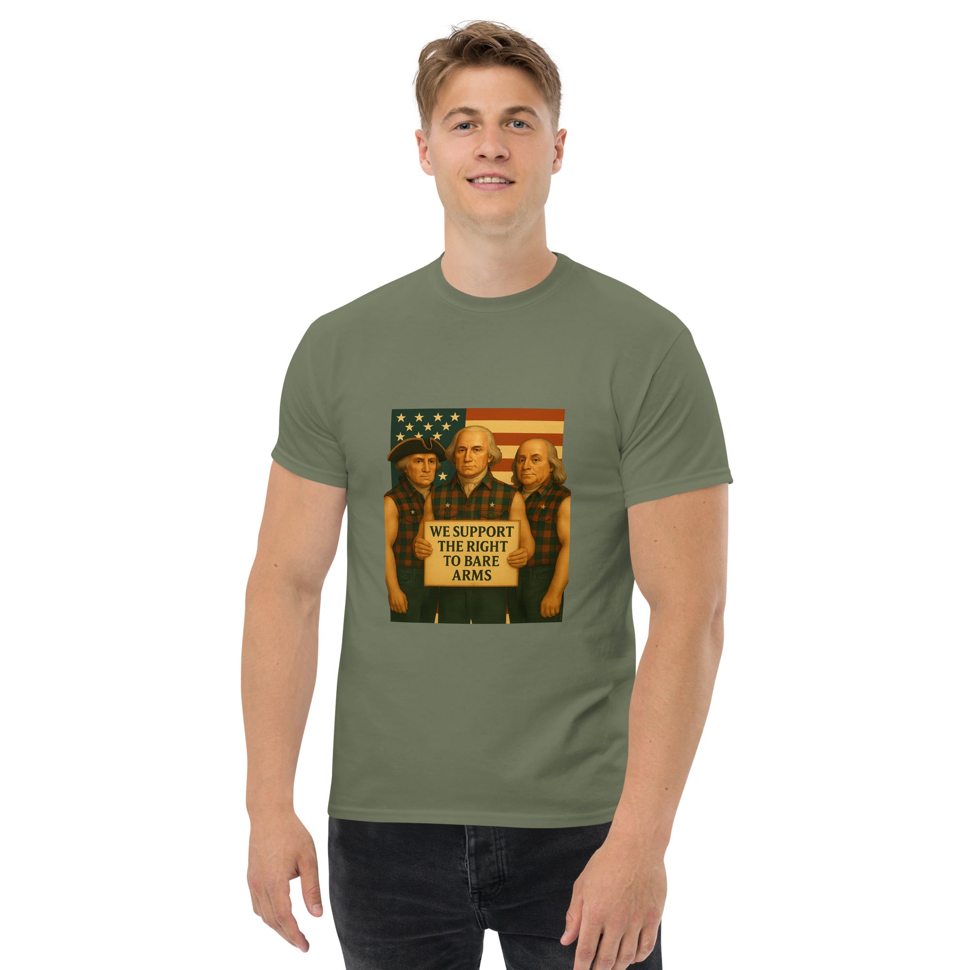 Man wearing military green Founding Fathers patriotic tee