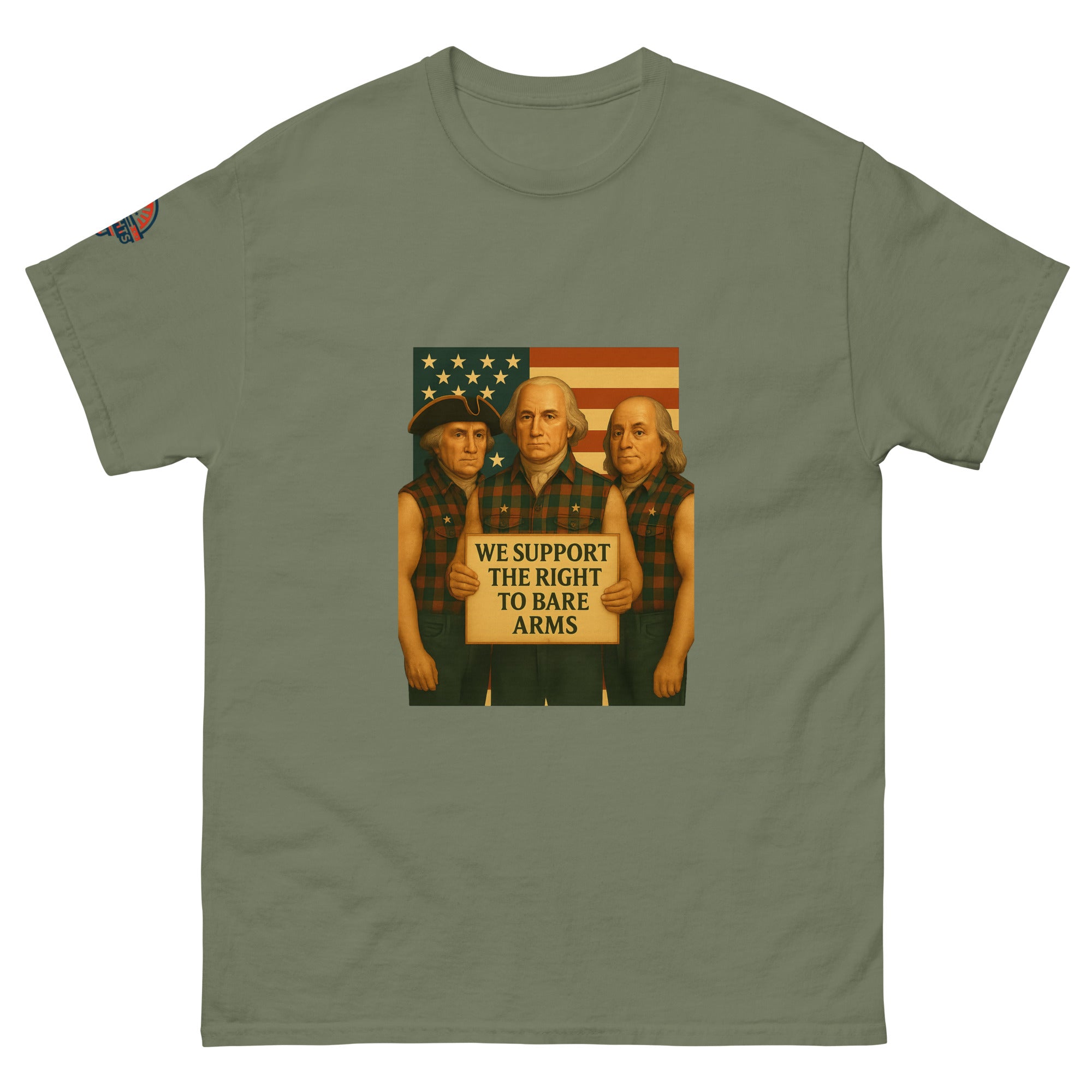 Front view of Founding Fathers "Right to Bare Arms" flag funny patriotic t-shirt in military green