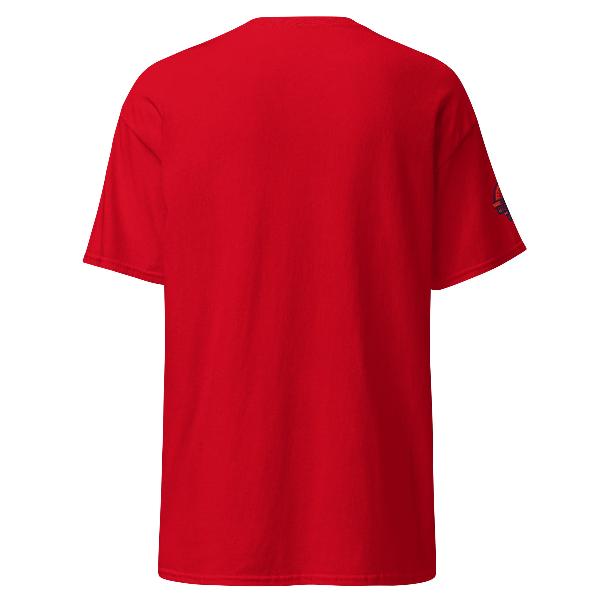 Red t-shirt with a small logo on the right sleeve against a rede background (rear view)