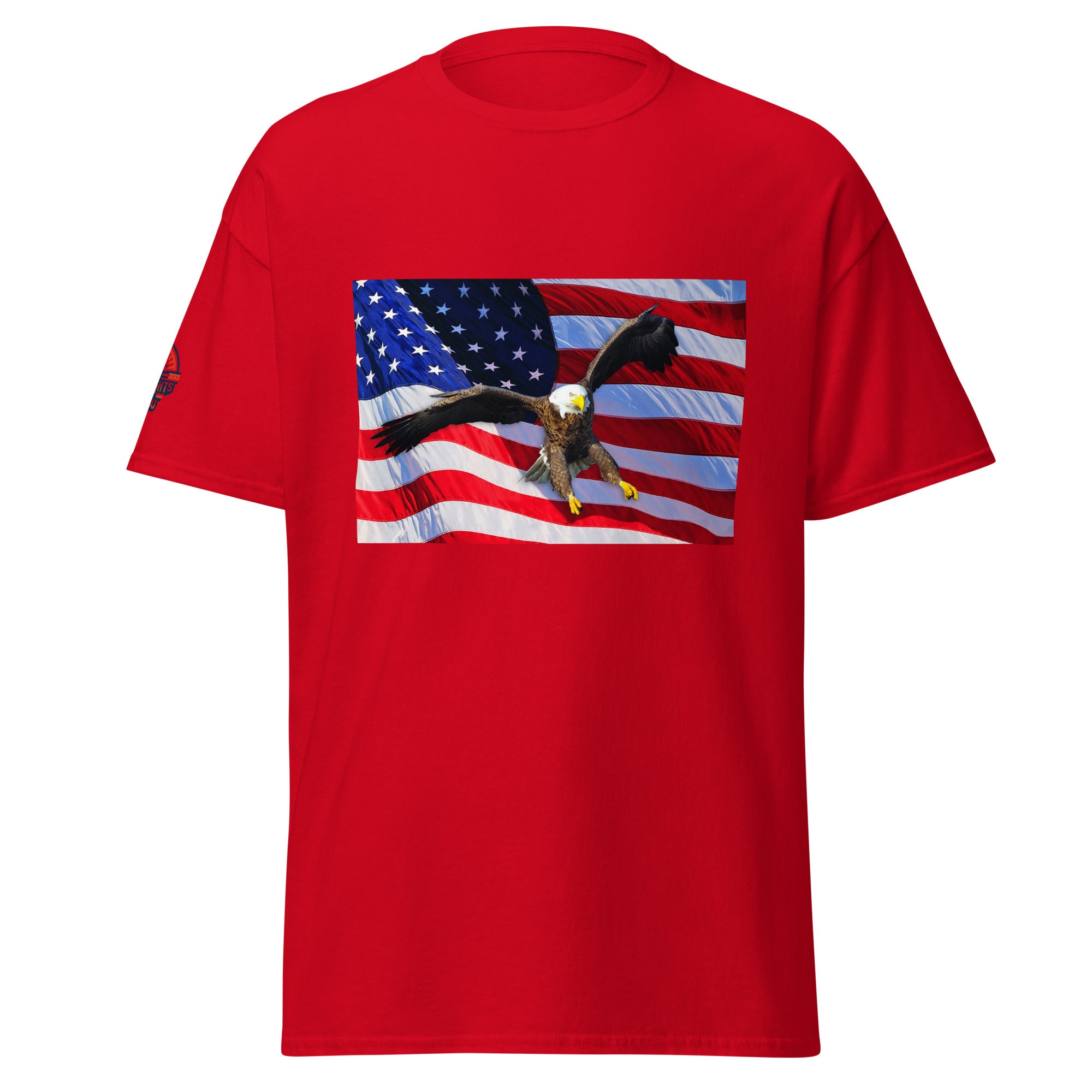 Red t-shirt with American flag and bald eagle design.