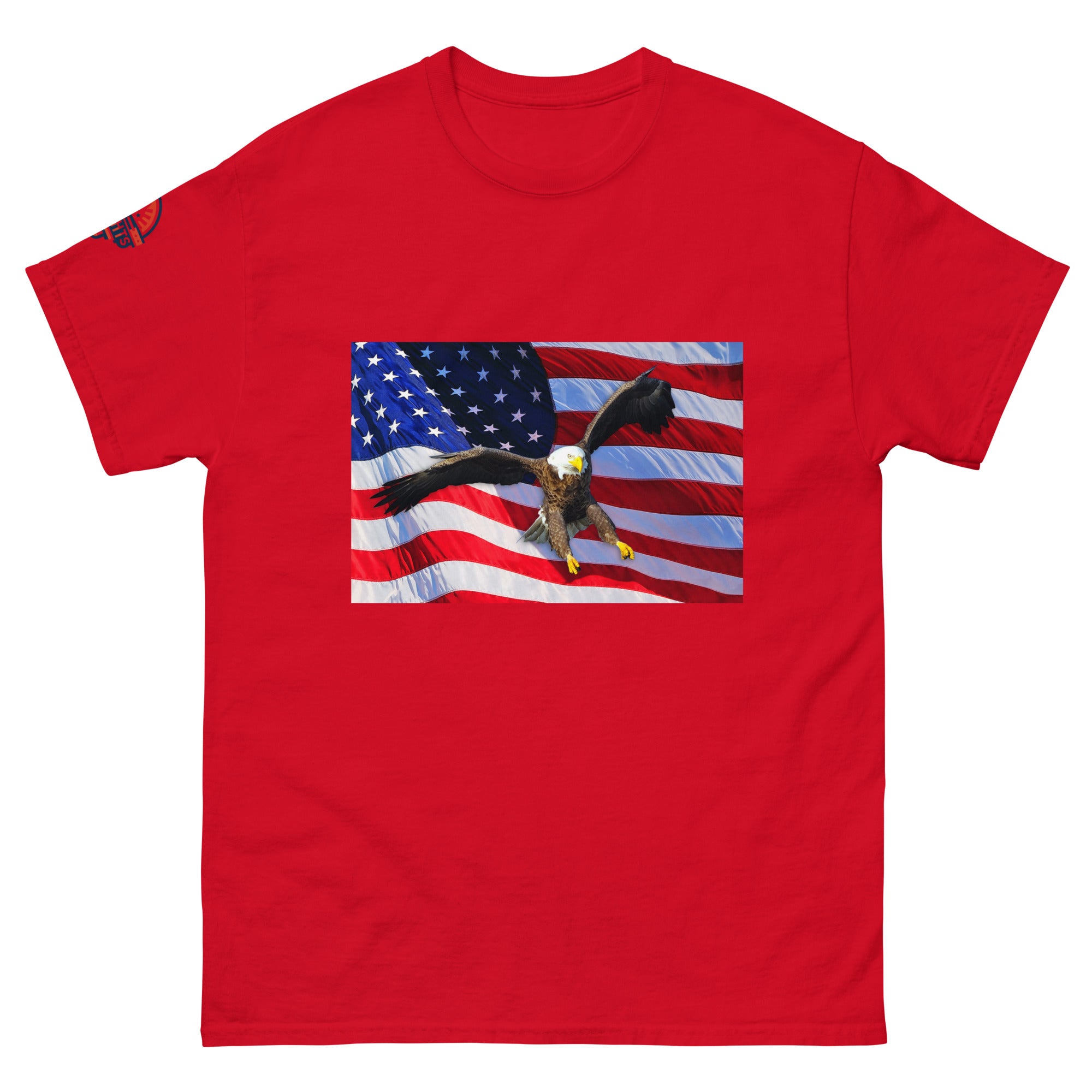 Red t-shirt with a bald eagle and American flag design.