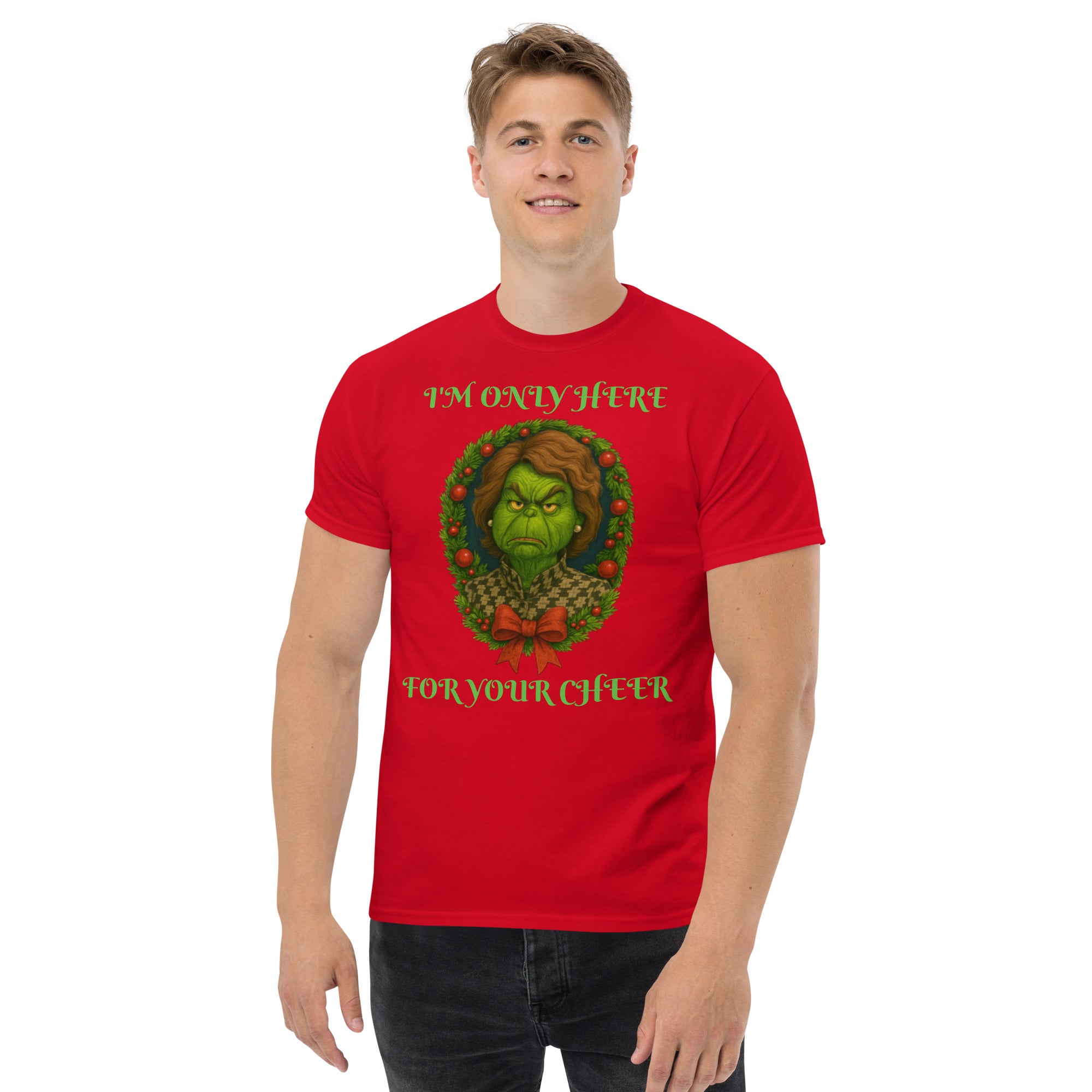 Man wearing red conservative Christmas shirt "I'm Only Here For Your Cheer' - funny political holiday apparel.