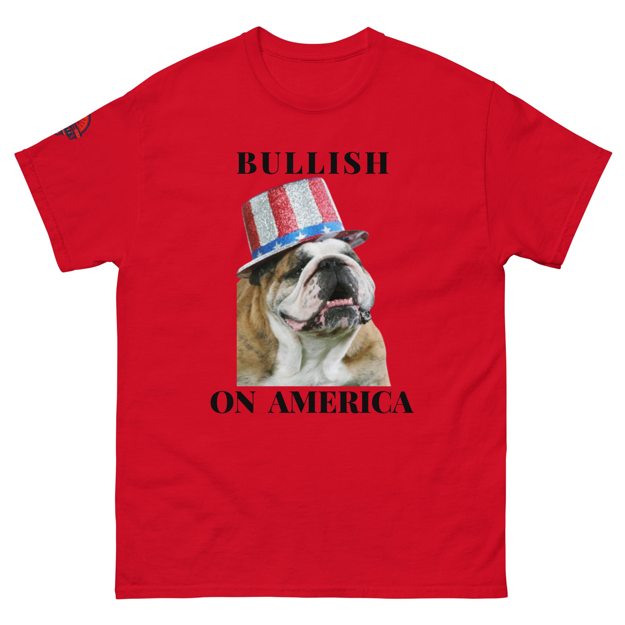 Bullish on America Bulldog Shirt in red - patriotic USA dog T-shirt