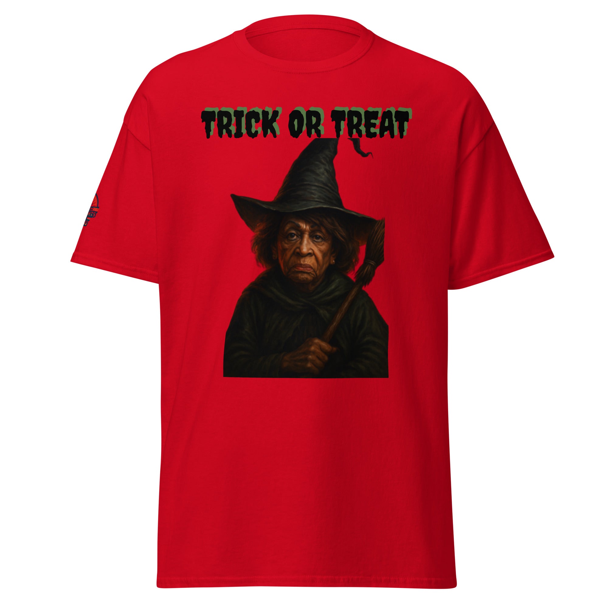 Red Halloween Graphic T-Shirt (front view) - Scary Witch design unisex fit