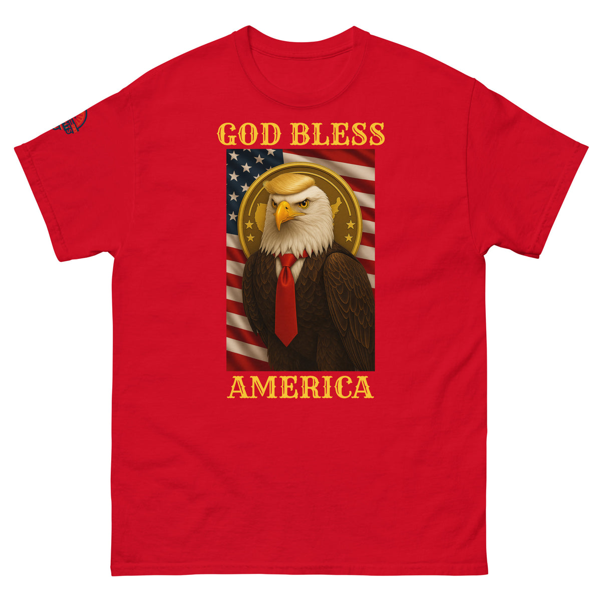 God Bless America patriotic Trump eagle T-shirt in red with American flag and bald eagle graphic