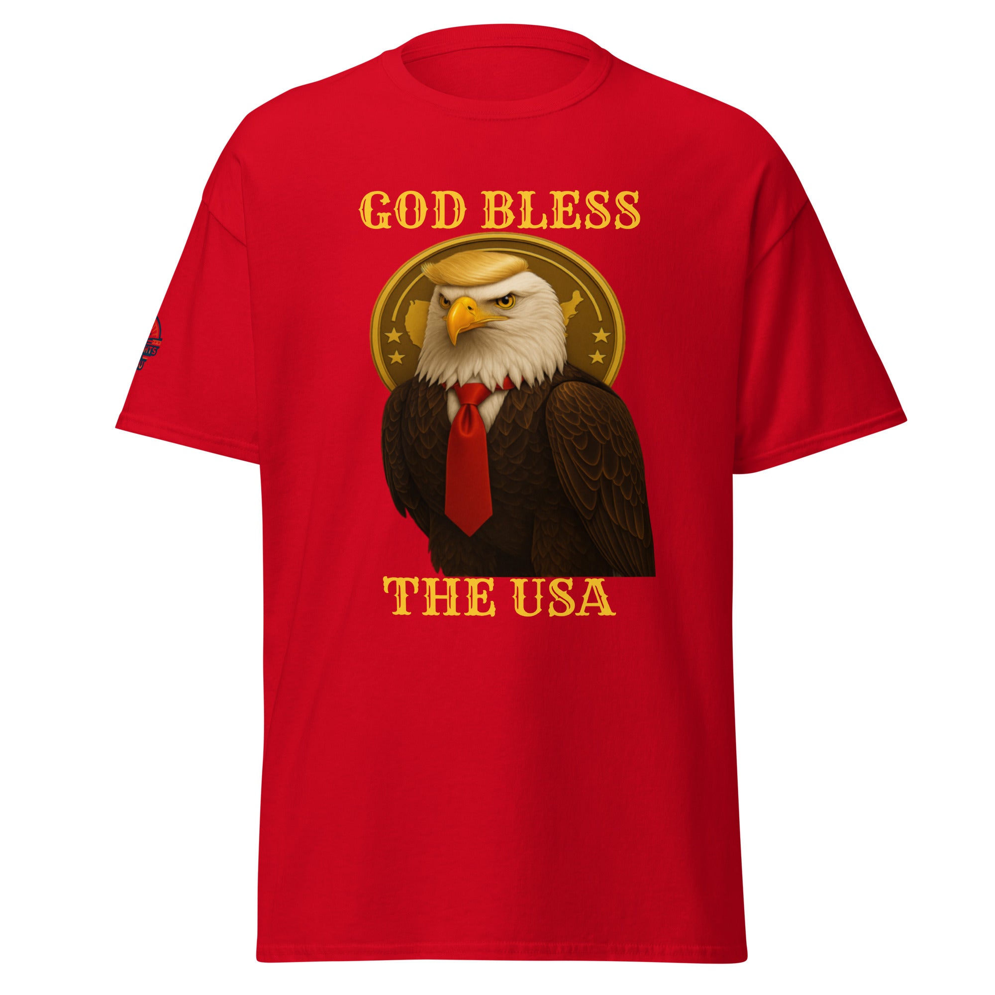 God Bless The USA patriotic Trump eagle T-shirt in red with Golden Age and bald eagle graphic