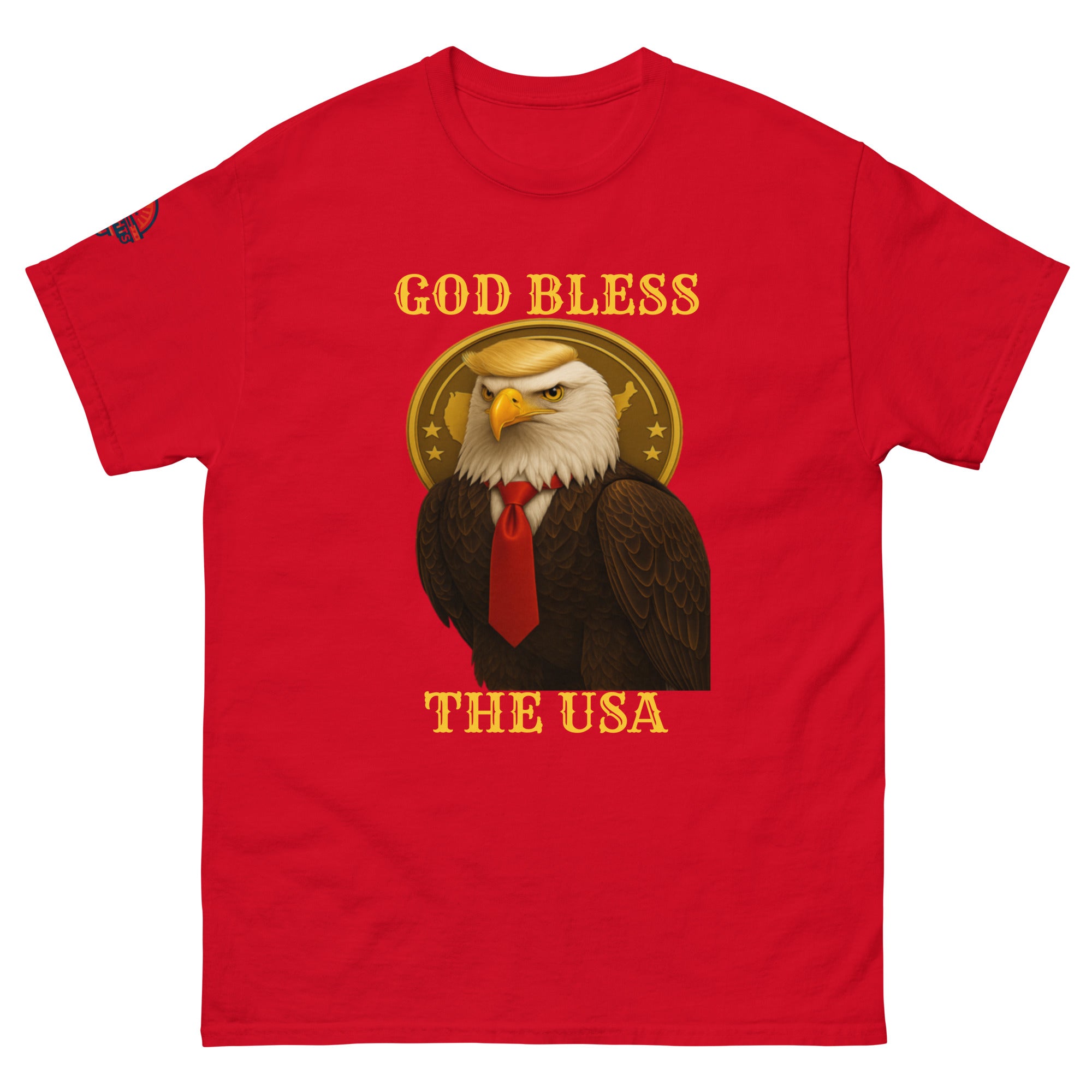 God Bless The USA patriotic eagle T-shirt in red with Golden Age and bald eagle graphic