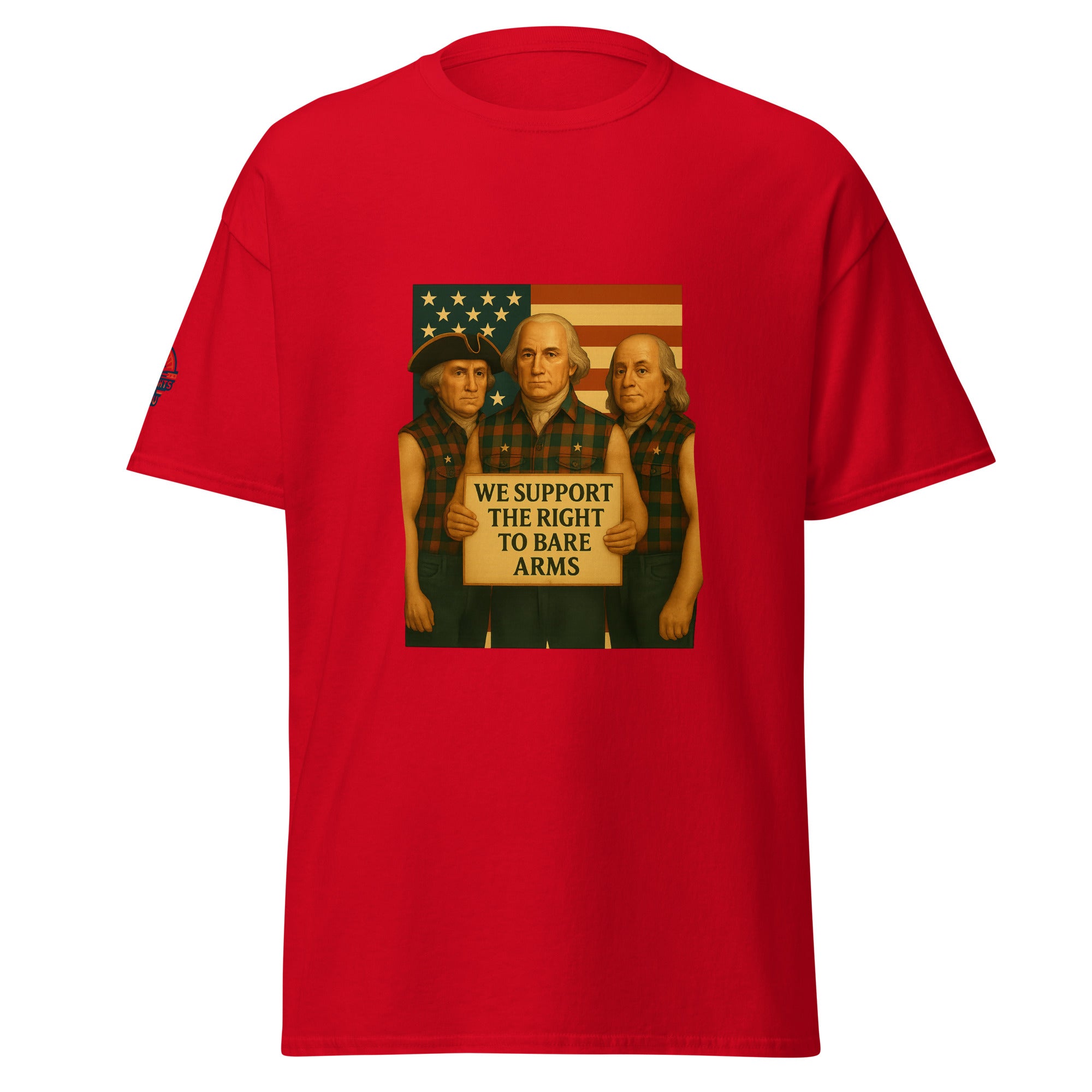 Founding Fathers "Right to Bare Arms" flag funny patriotic red tee