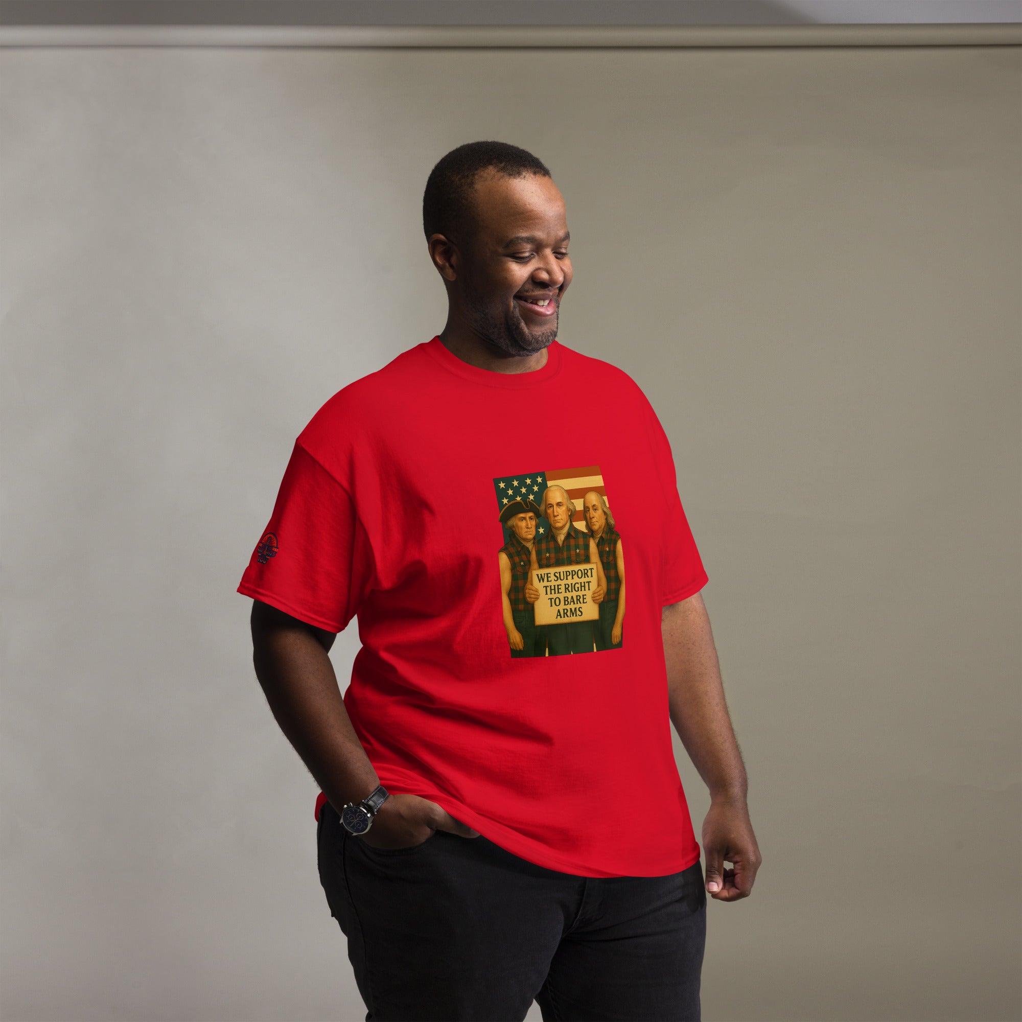 Man wearing red big & tall  Founding Fathers patriotic tee