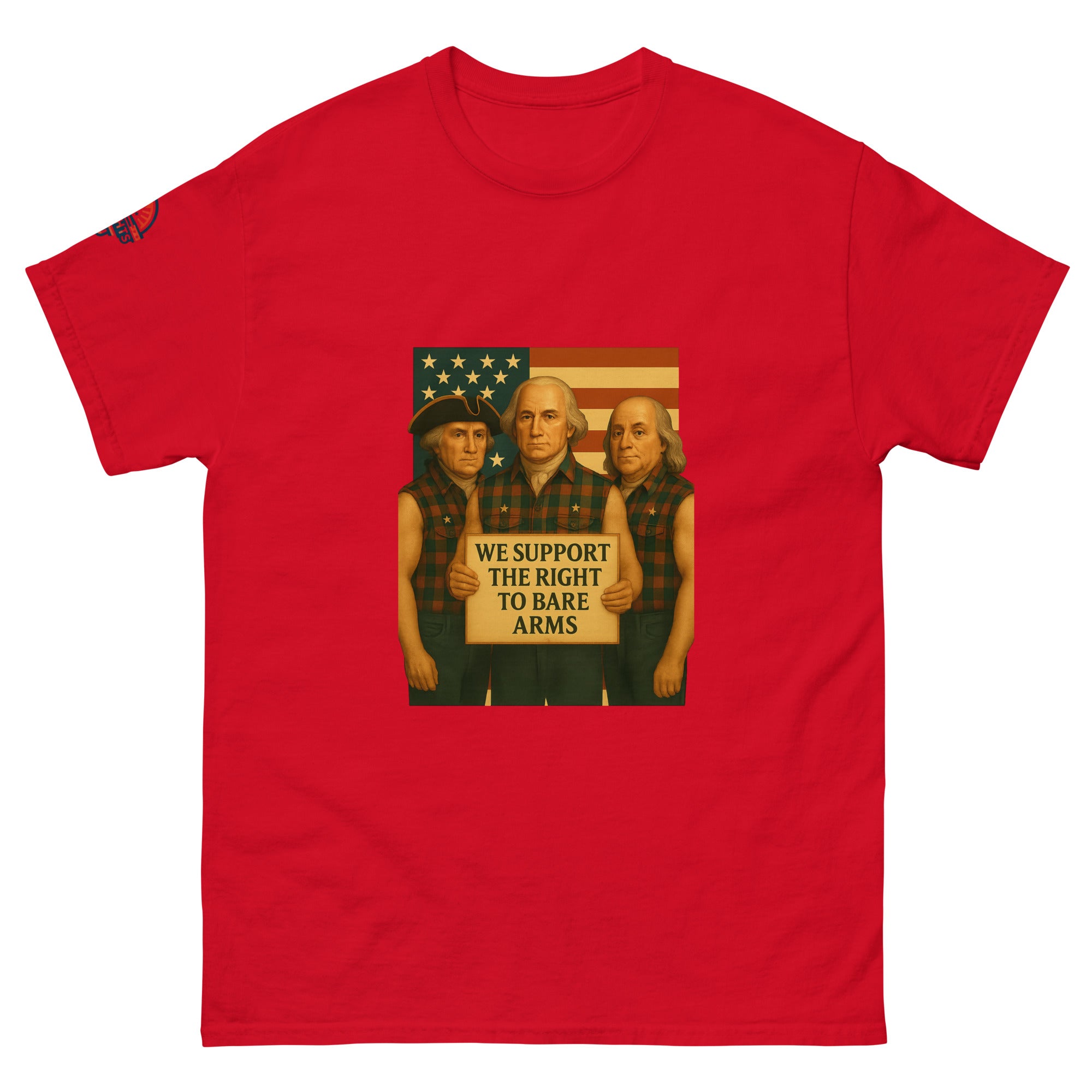 Front view of Founding Fathers "Right to Bare Arms" flag funny patriotic t-shirt in red