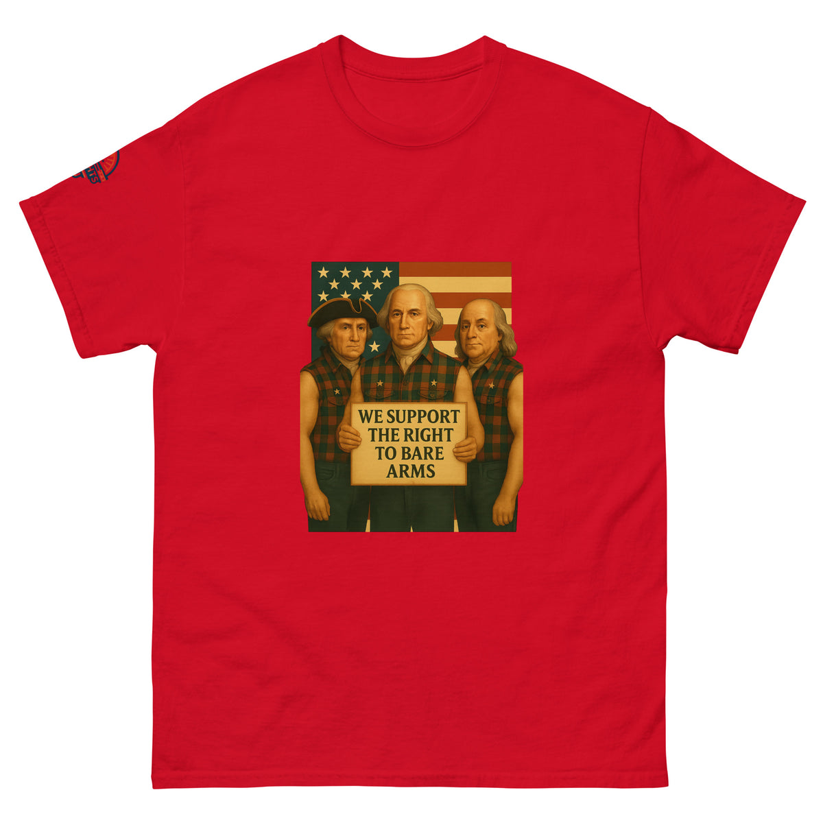 Front view of Founding Fathers "Right to Bare Arms" flag funny patriotic t-shirt in red