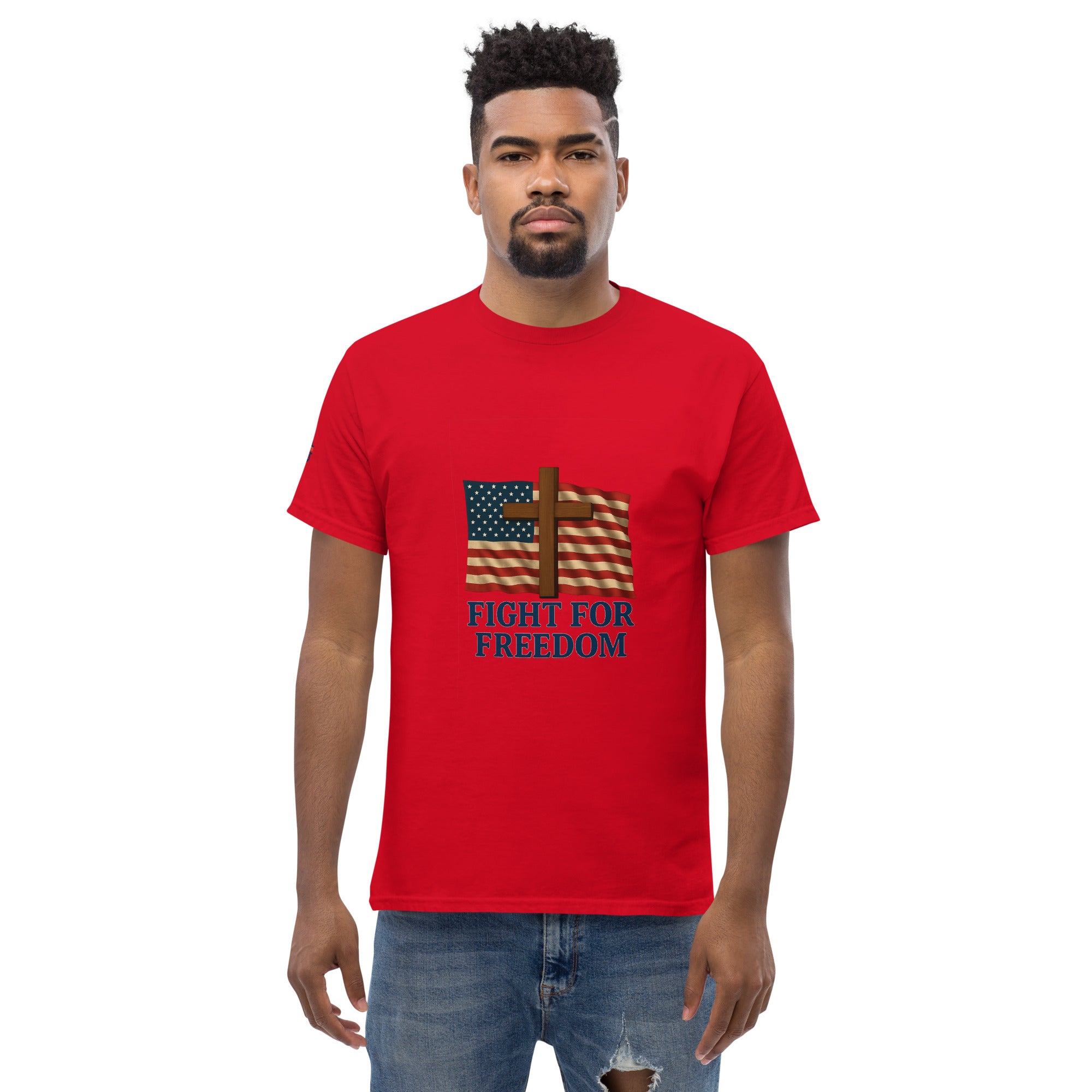 Man wearing a red t-shirt with an American flag and cross design, text 'Fight for Freedom' on a red background