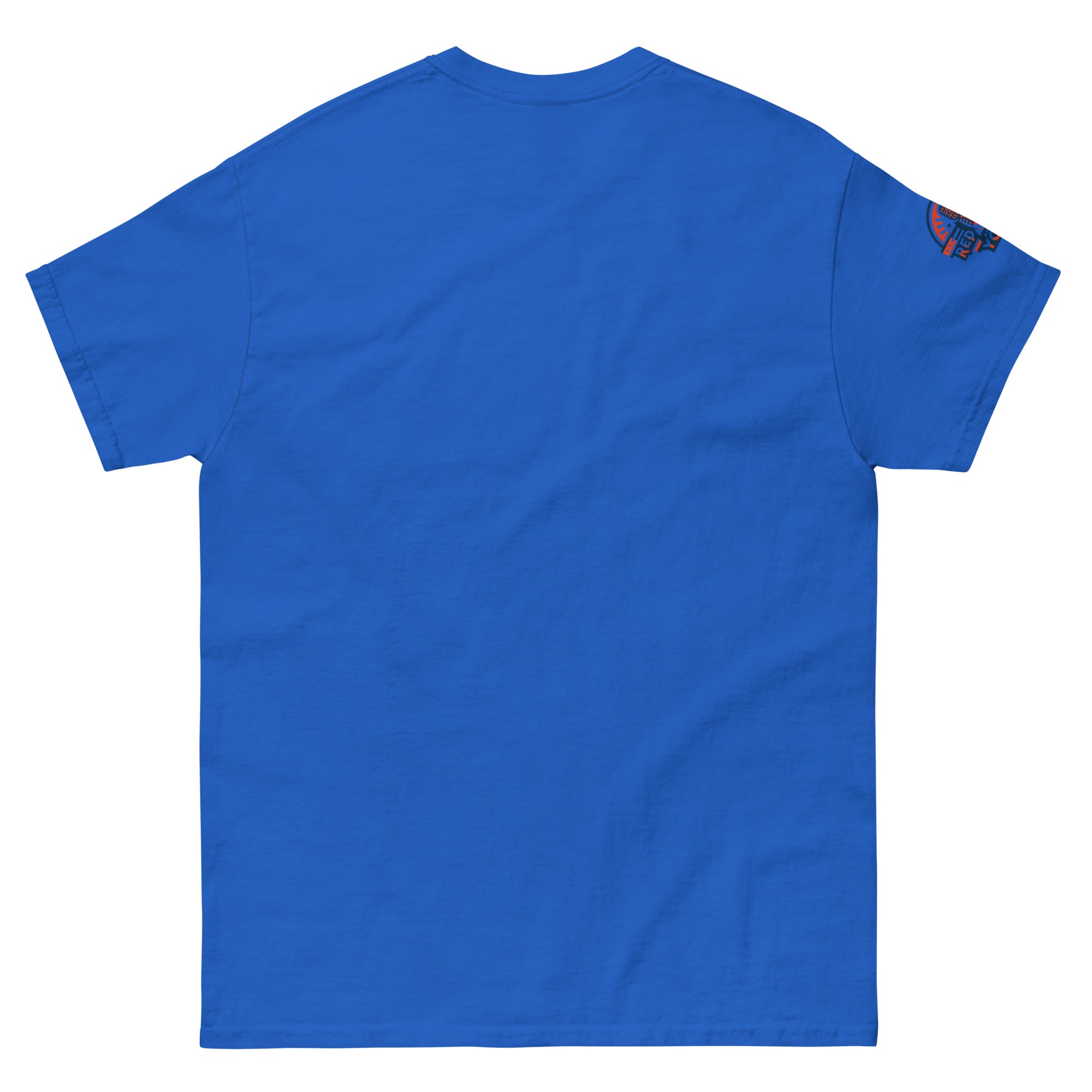 Blue t-shirt with a red rights and you logo on the sleeve.