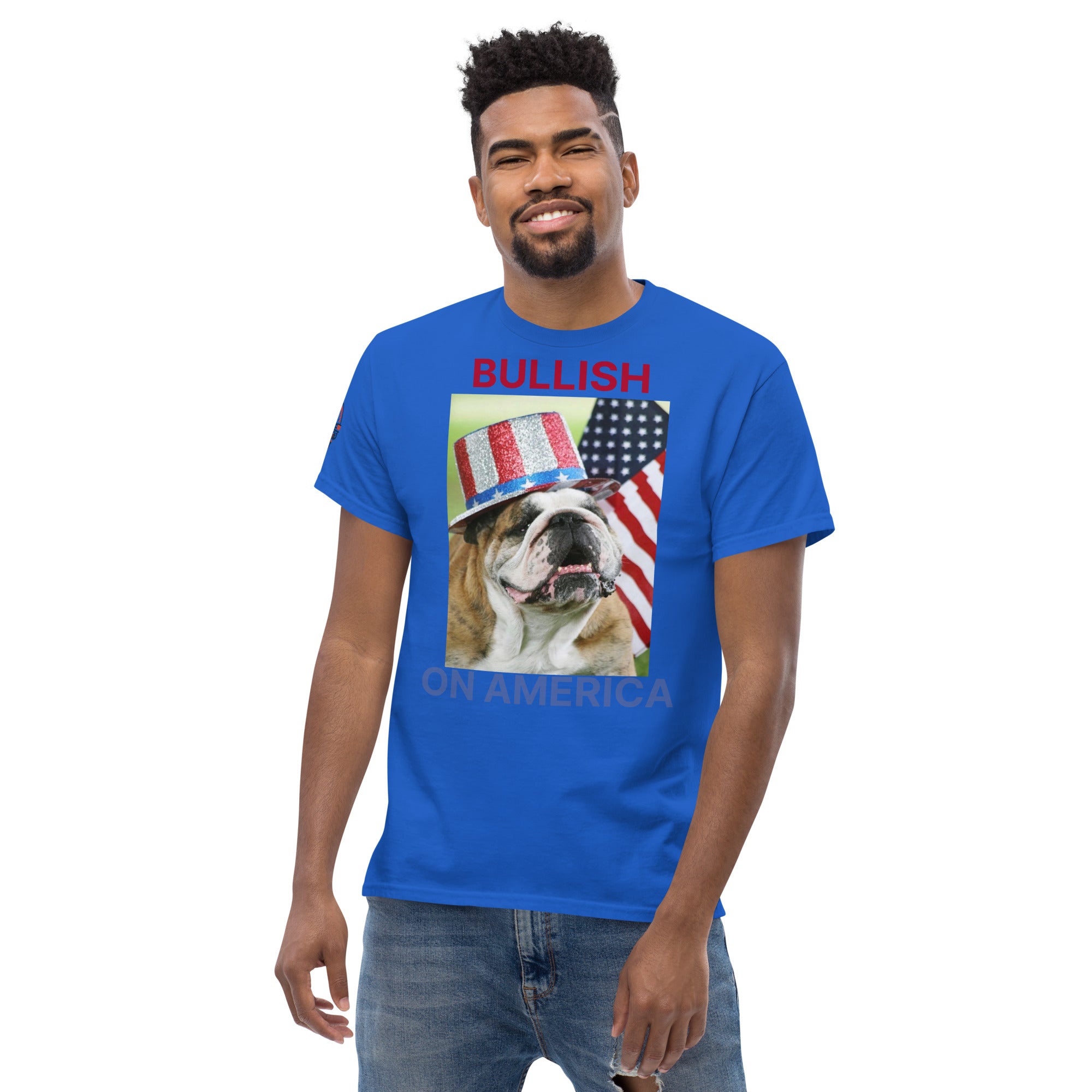Patriotic Bullish on America Bulldog with Uncle Sam hat Shirt in royal blue on male model
