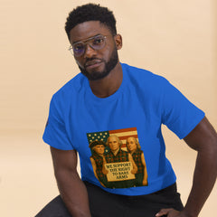 Man wearing blue Founding Fathers patriotic tee