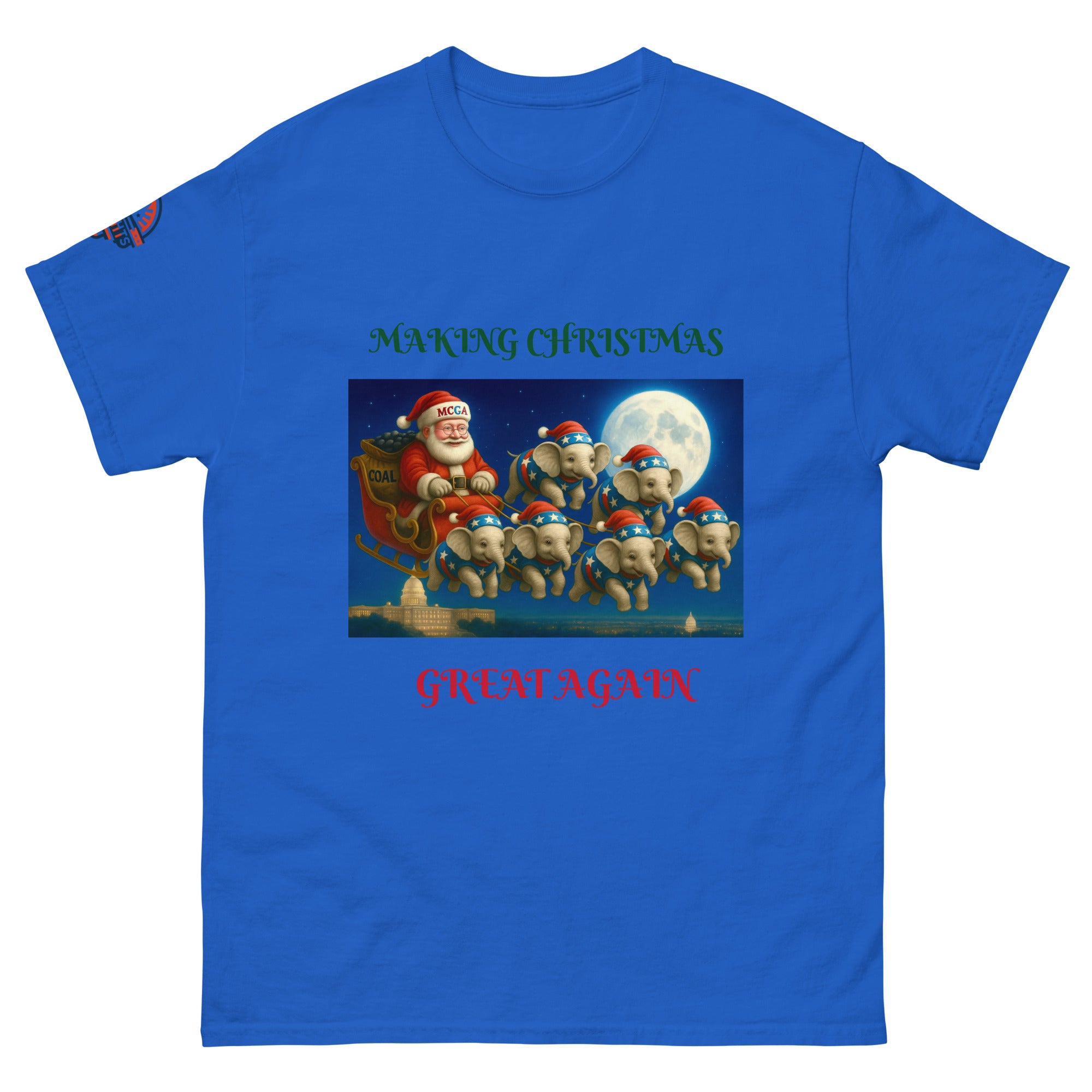 Blue "Making Christmas Great Again" patriotic Santa shirt - conservative  Christmas gift for Trump supporters.