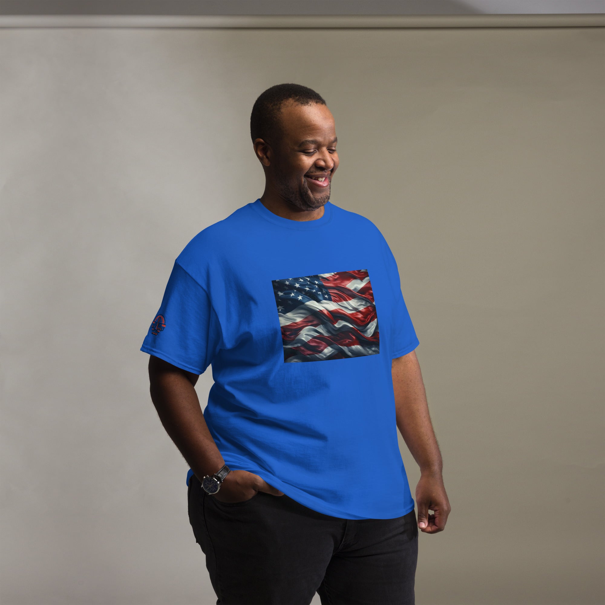 Man wearing big & tall blue Waves of Freedom USA flag T-Shirt