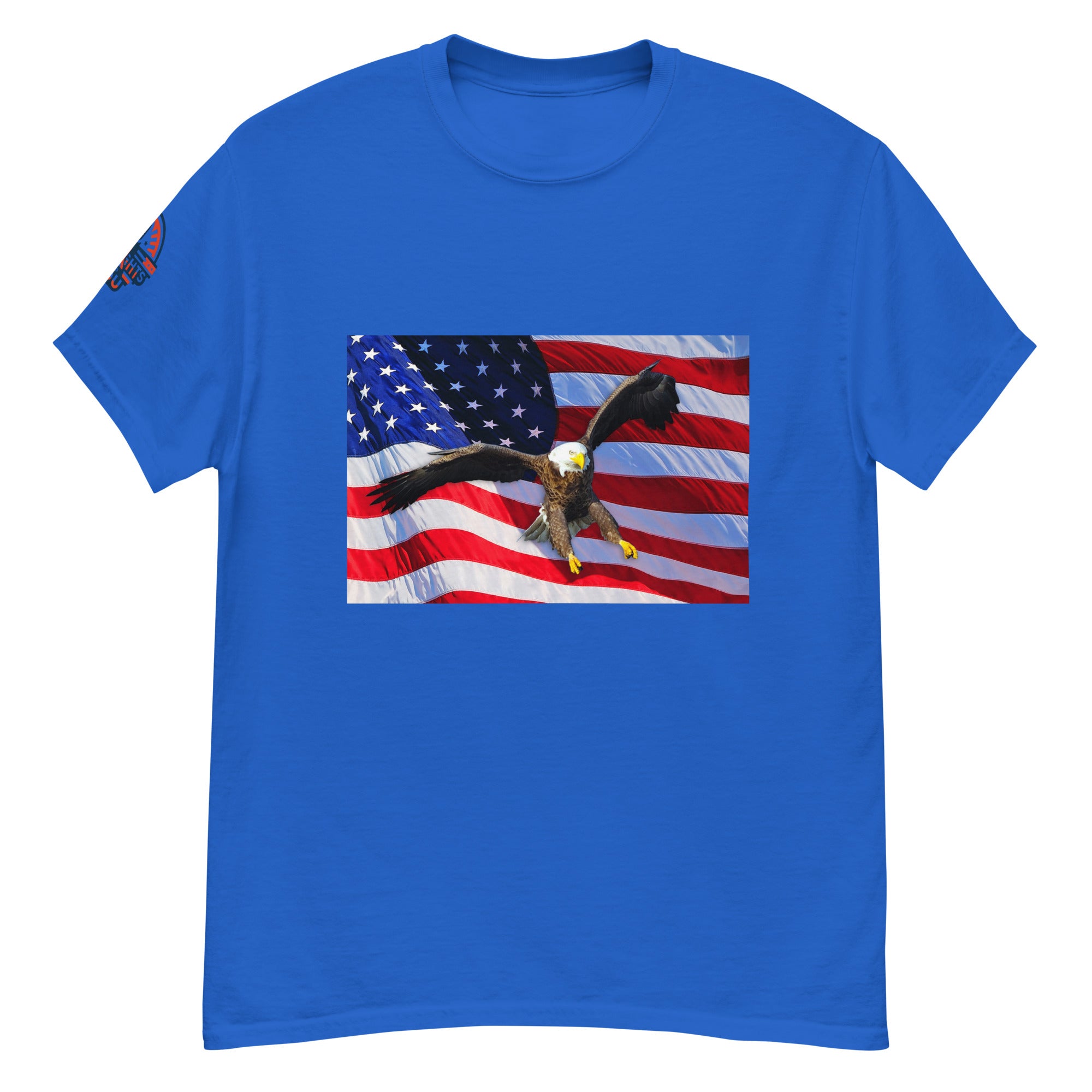 Blue t-shirt with an American flag and bald eagle design.