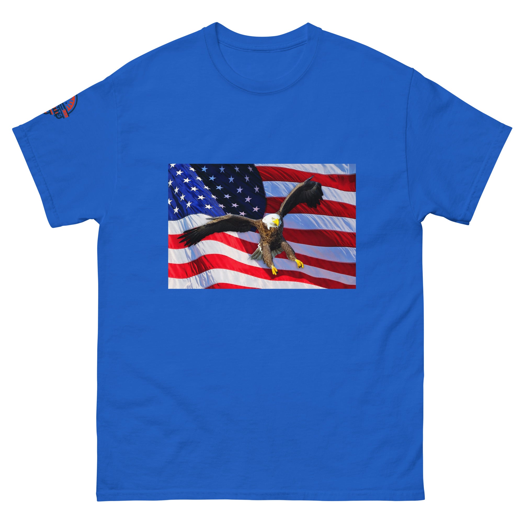Blue t-shirt with an American flag and bald eagle design.