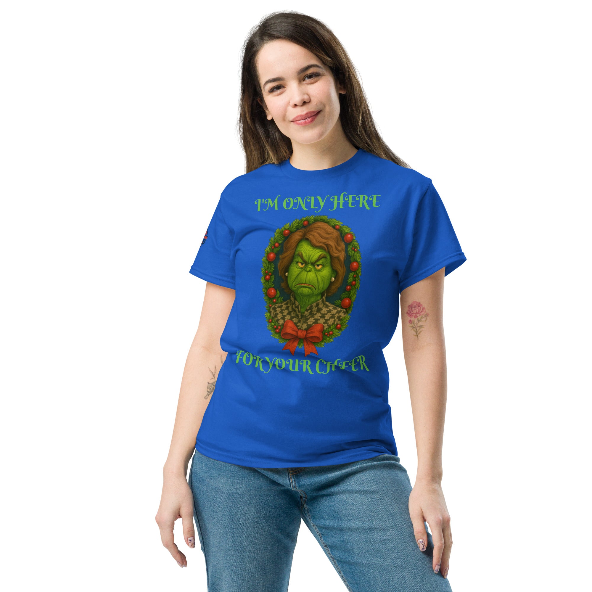 Woman wearing blue conservative Christmas shirt "I'm Only Here For Your Cheer' - funny political holiday apparel.