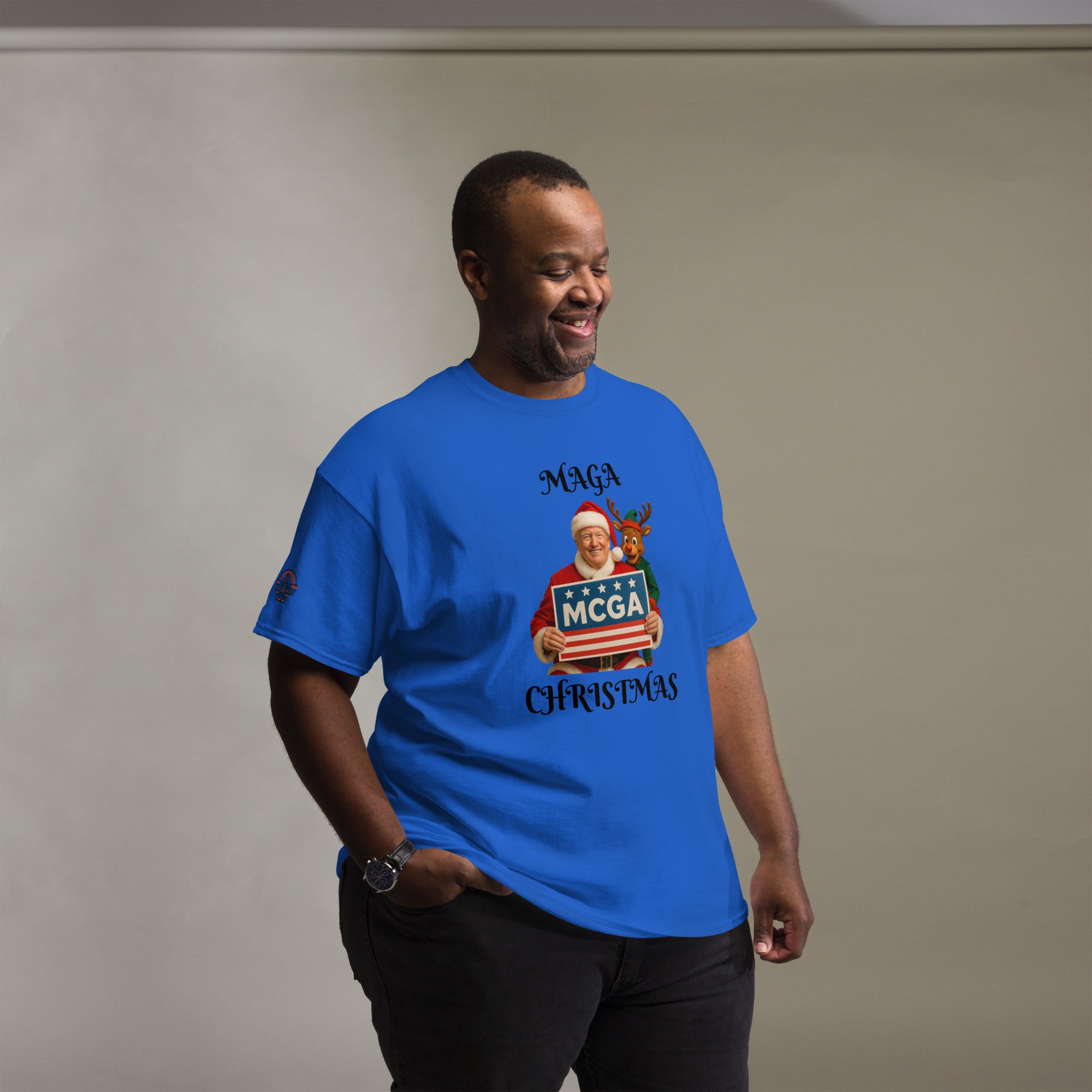 Man wearing big & tall MAGA Trump Christmas T-shirt in blue - patriotic holiday shirt