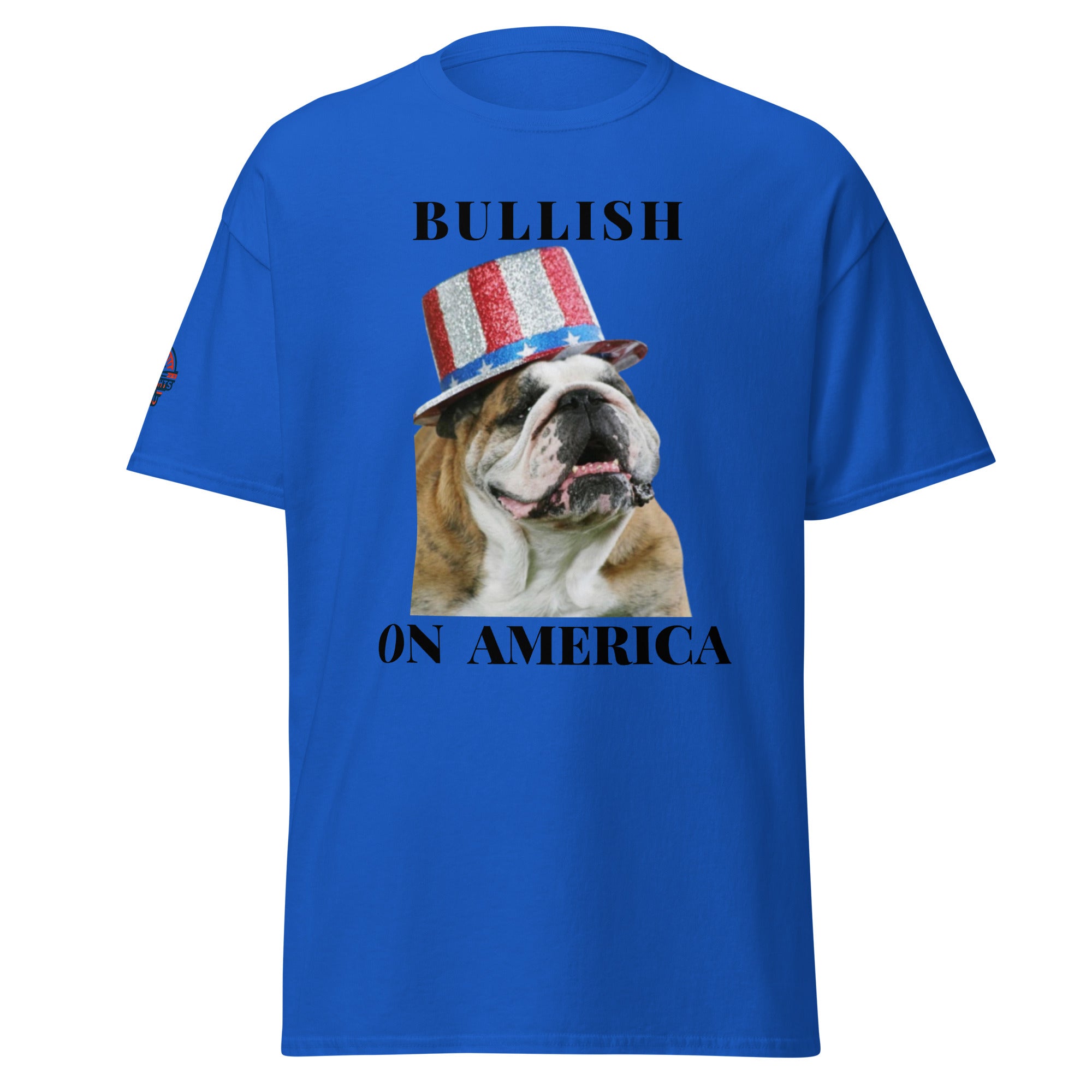 Bullish on America English Bulldog T-Shirt in blue - patriotic dog lover tee