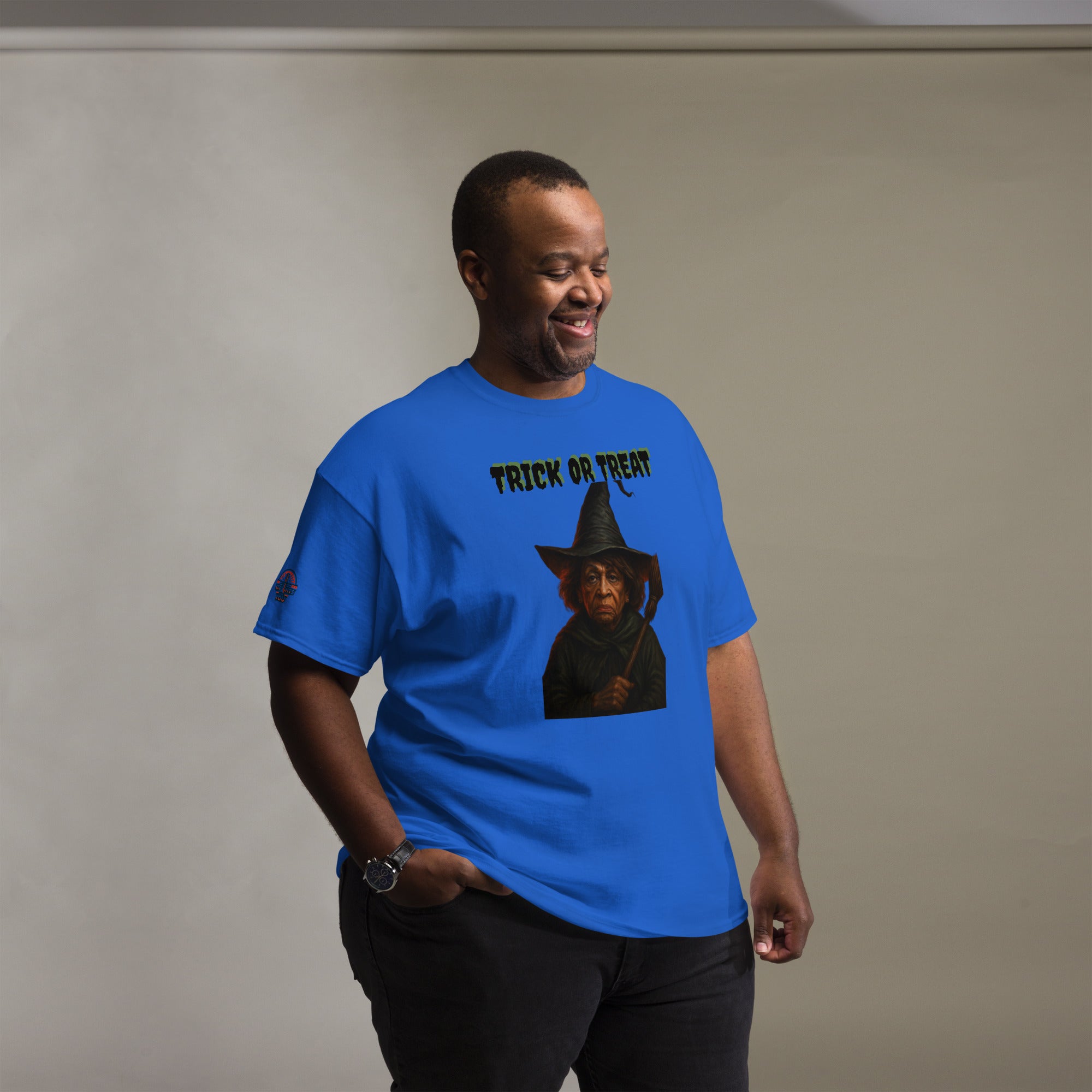 Man Wearing Blue Halloween Graphic Big & Tall T-Shirt - Scary Witch design unisex fit