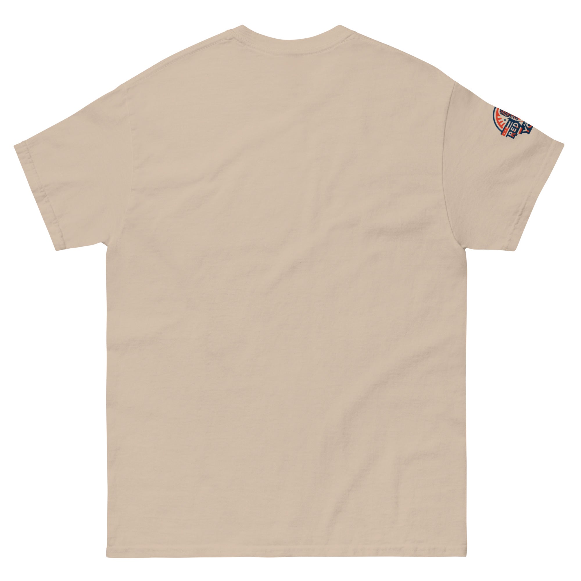 Bullish on America English Bulldog T-Shirt with Uncle Sam hat in sand - patriotic USA dog lover tee (rear view)