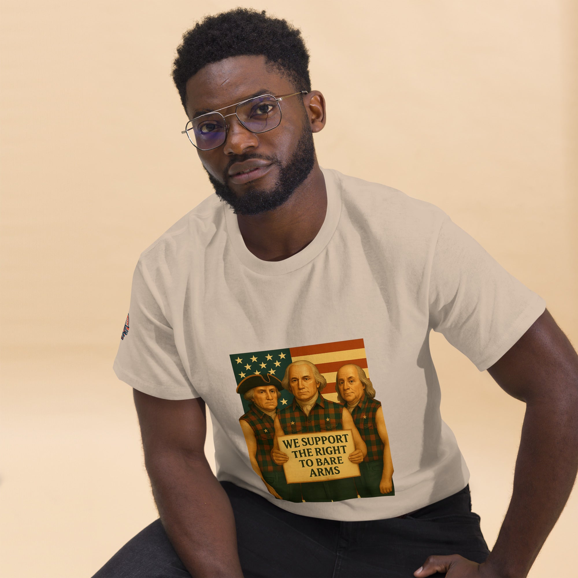 Man wearing white Founding Fathers patriotic tee