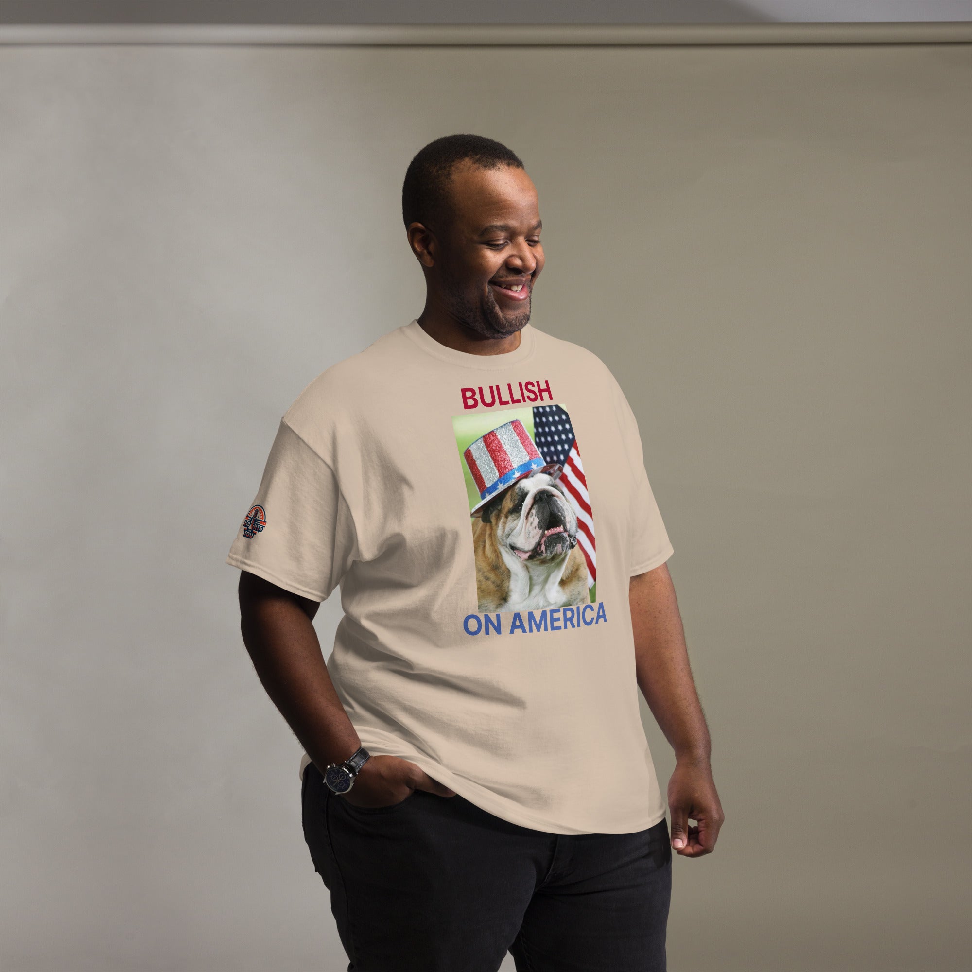 Patriotic Bullish on America Bulldog with Uncle Sam hat sand big & tall shirt on male model