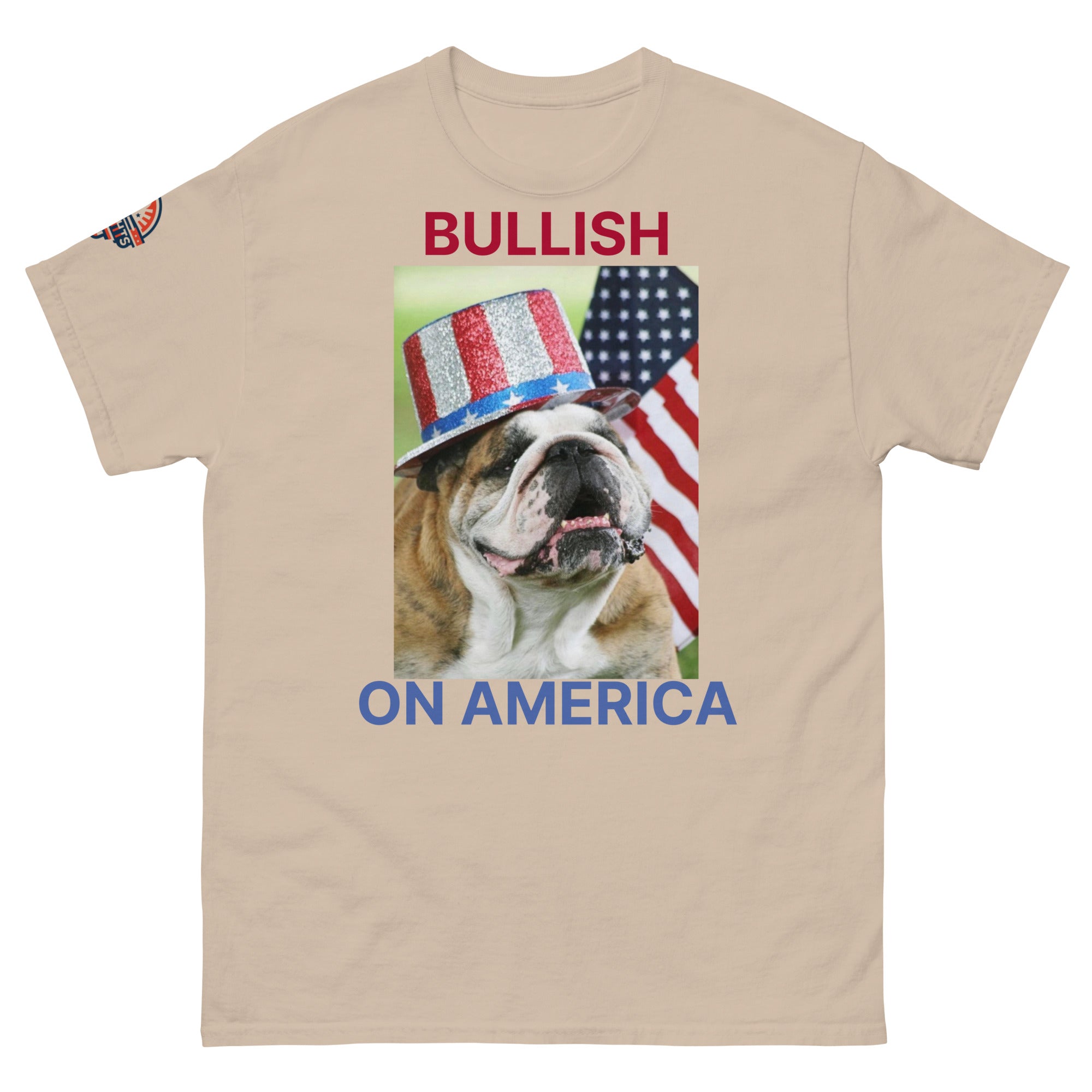 Bullish on America English Bulldog T-Shirt with Uncle Sam hat in sand - patriotic USA dog lover tee