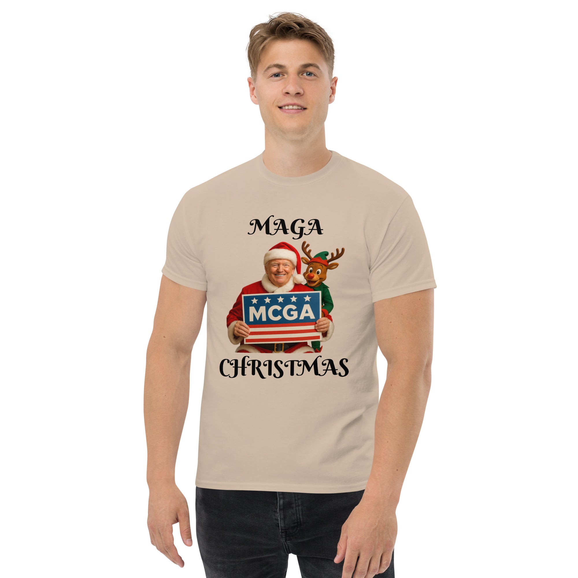 Man wearing MAGA Trump Christmas T-shirt in sand - patriotic holiday shirt