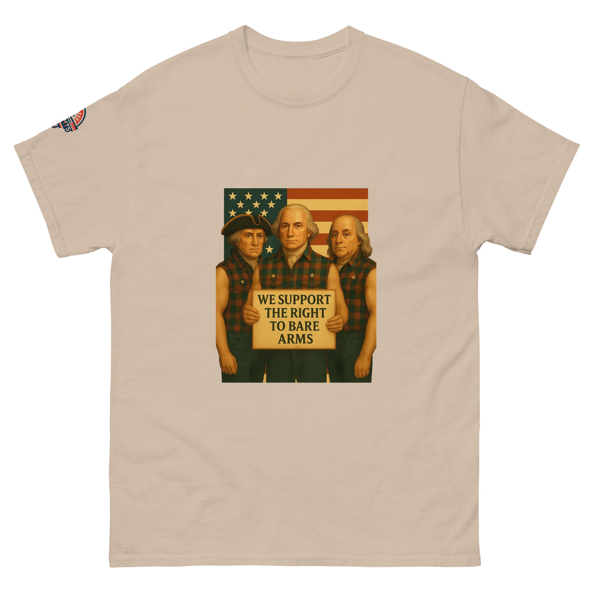 Front view of Founding Fathers "Right to Bare Arms" flag funny patriotic t-shirt in beige