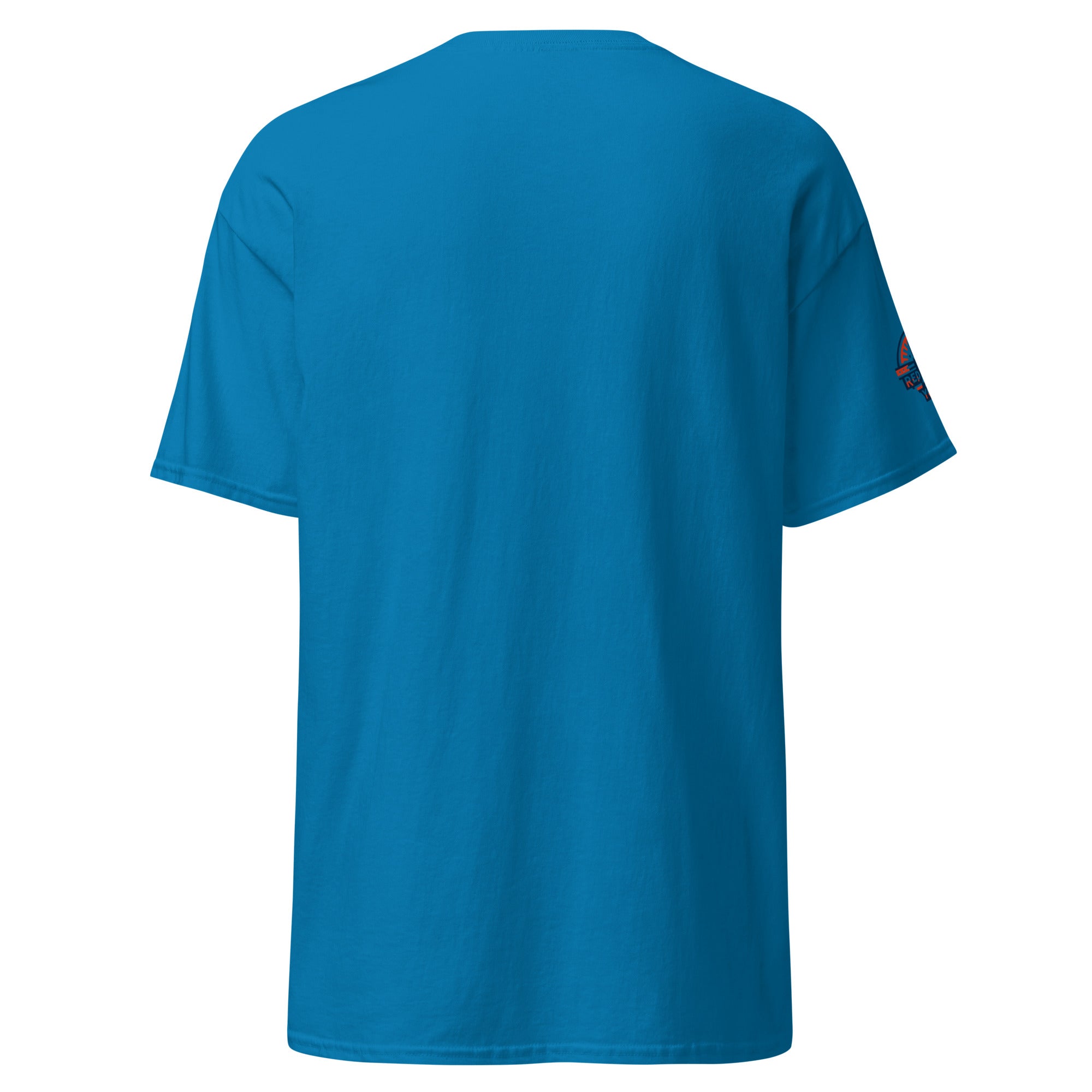 Blue t-shirt with a small logo on the right sleeve against a blue background (rear view)