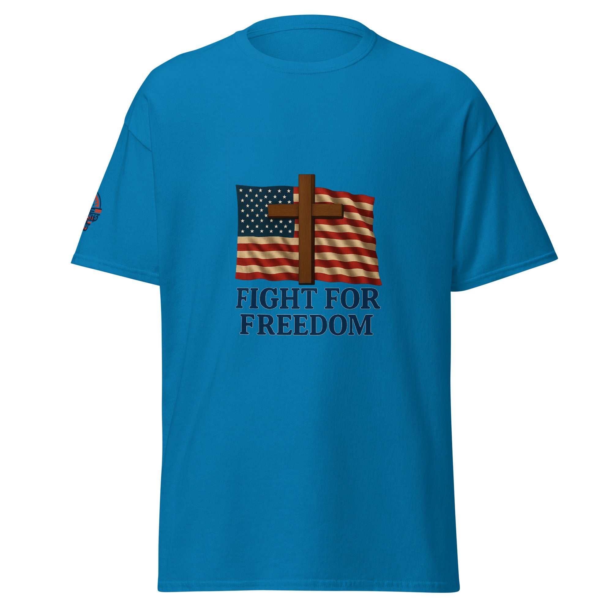 Blue USA  t-shirt with American flag and cross design on a light blue background