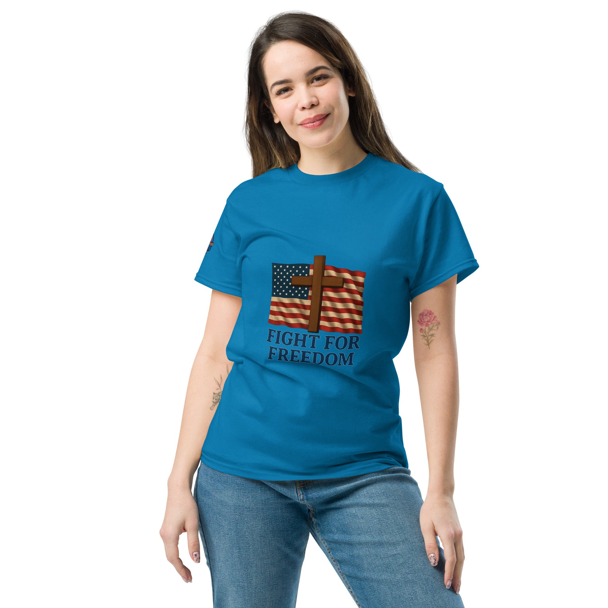 Woman wearing a blue t-shirt with a Cross and American Cross design and text on a blue background