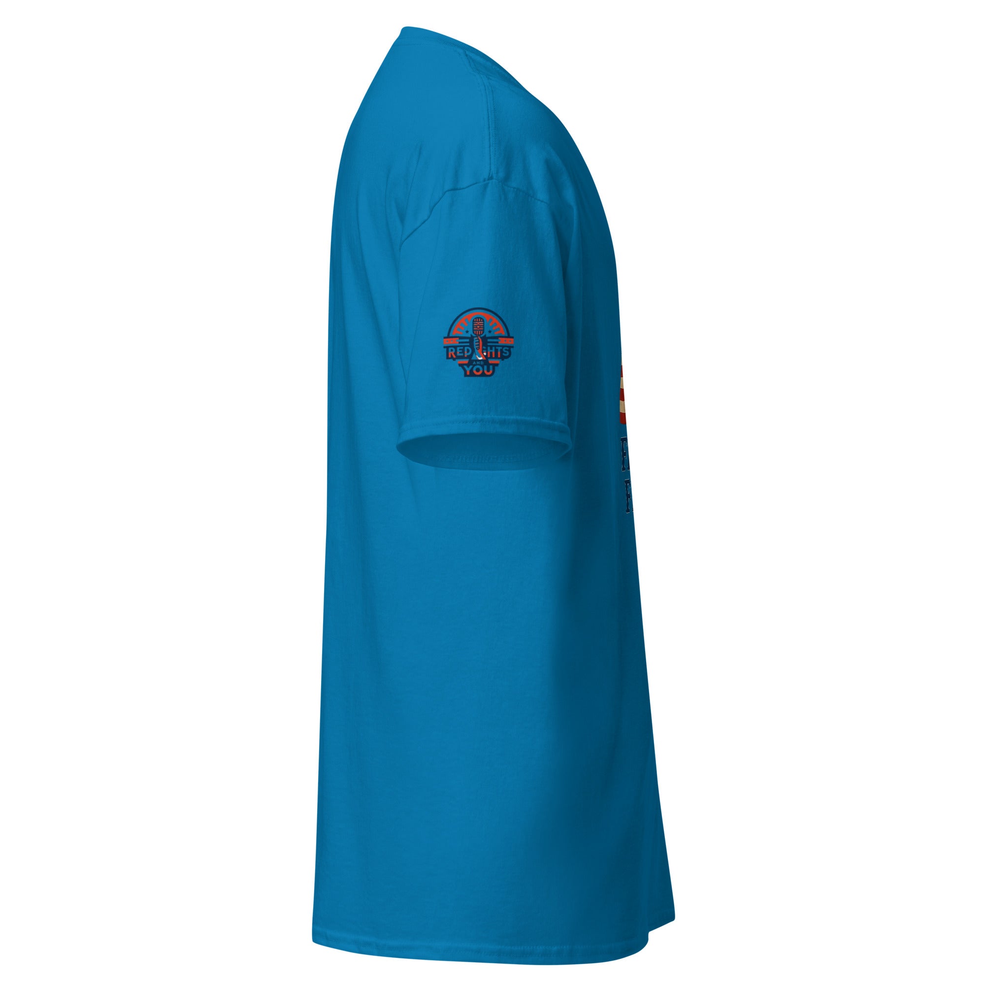 Light blue Fight for Freedom t-shirt with a Red, Rights & You logo on the right sleeve against a blue background
