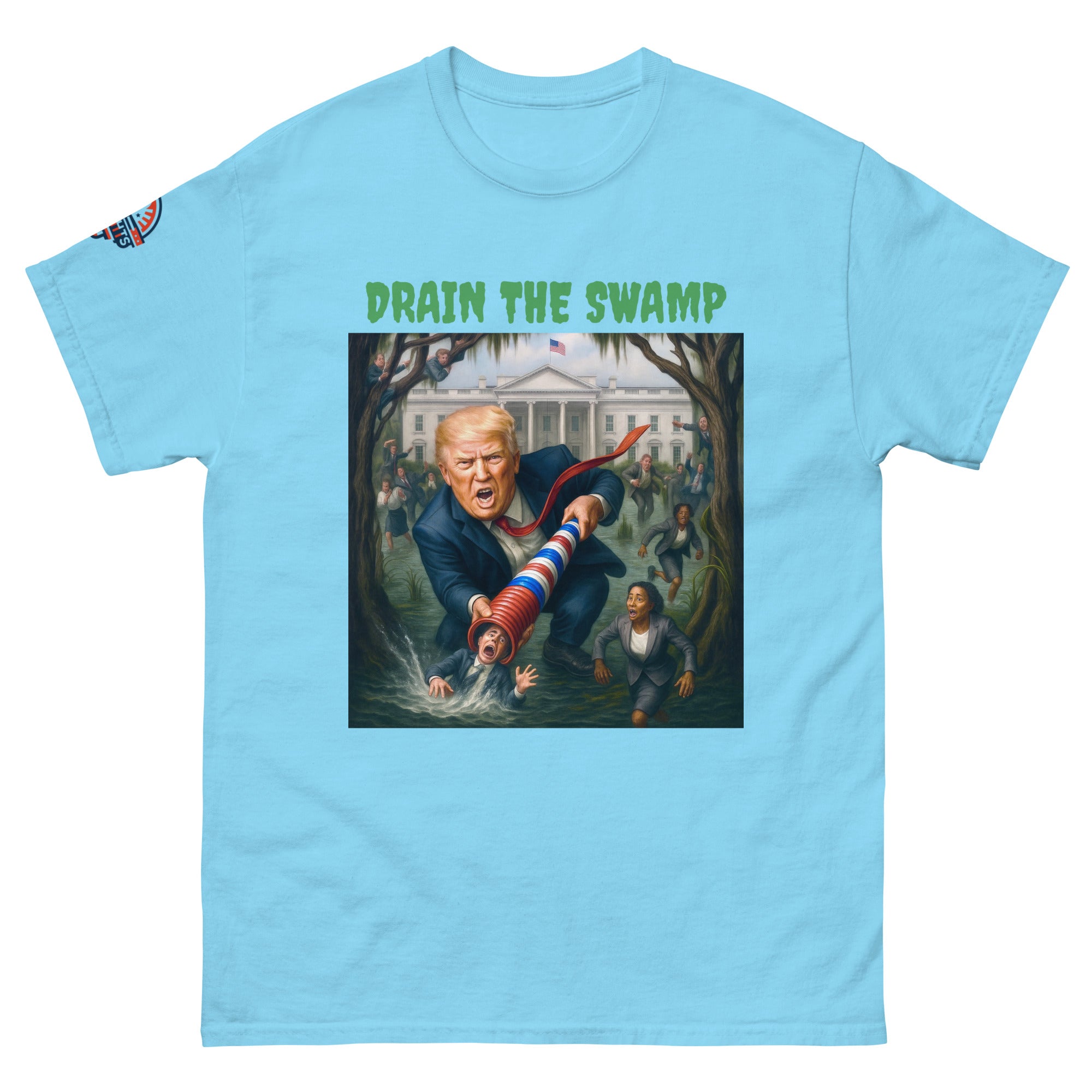 Light blue conservative Trump T-shirt featuring Drain The Swamp patriotic design - MAGA rally shirt.