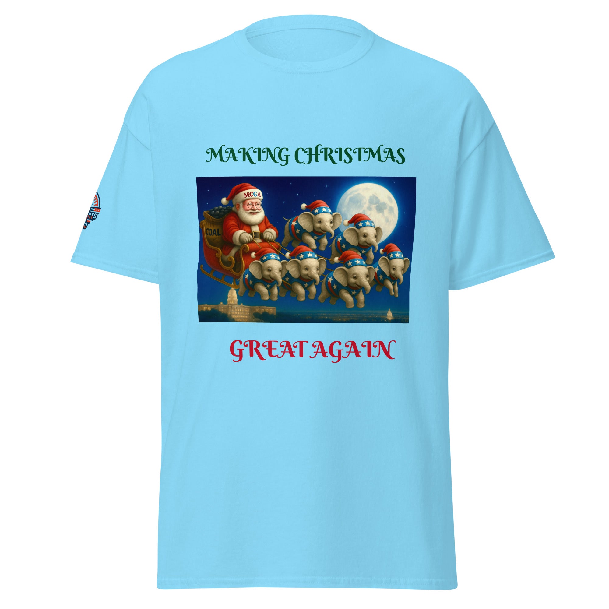 Light blue conservative Christmas T-shirt with Santa in MAGA hat and patriotic elephants flying over Capitol - festive political holiday shirt.