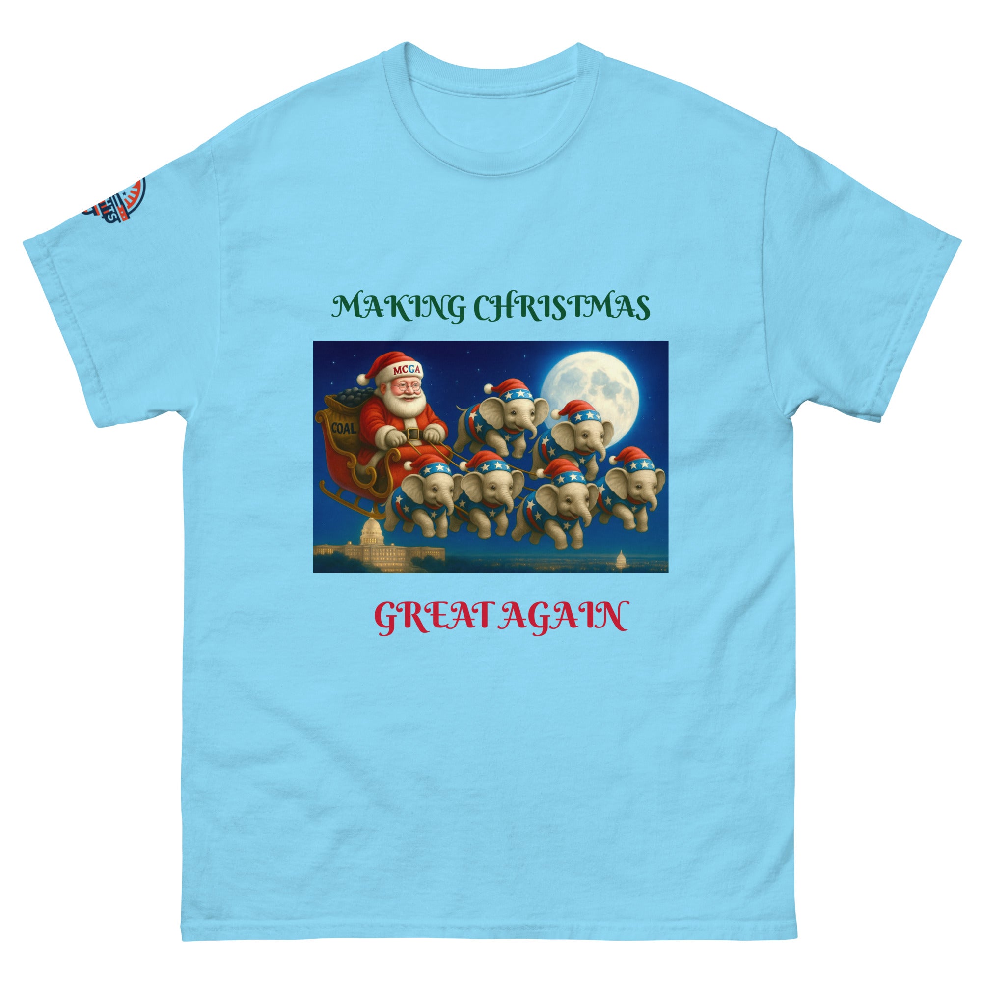 Light blue "Making Christmas Great Again" patriotic Santa shirt - conservative  Christmas gift for Trump supporters.