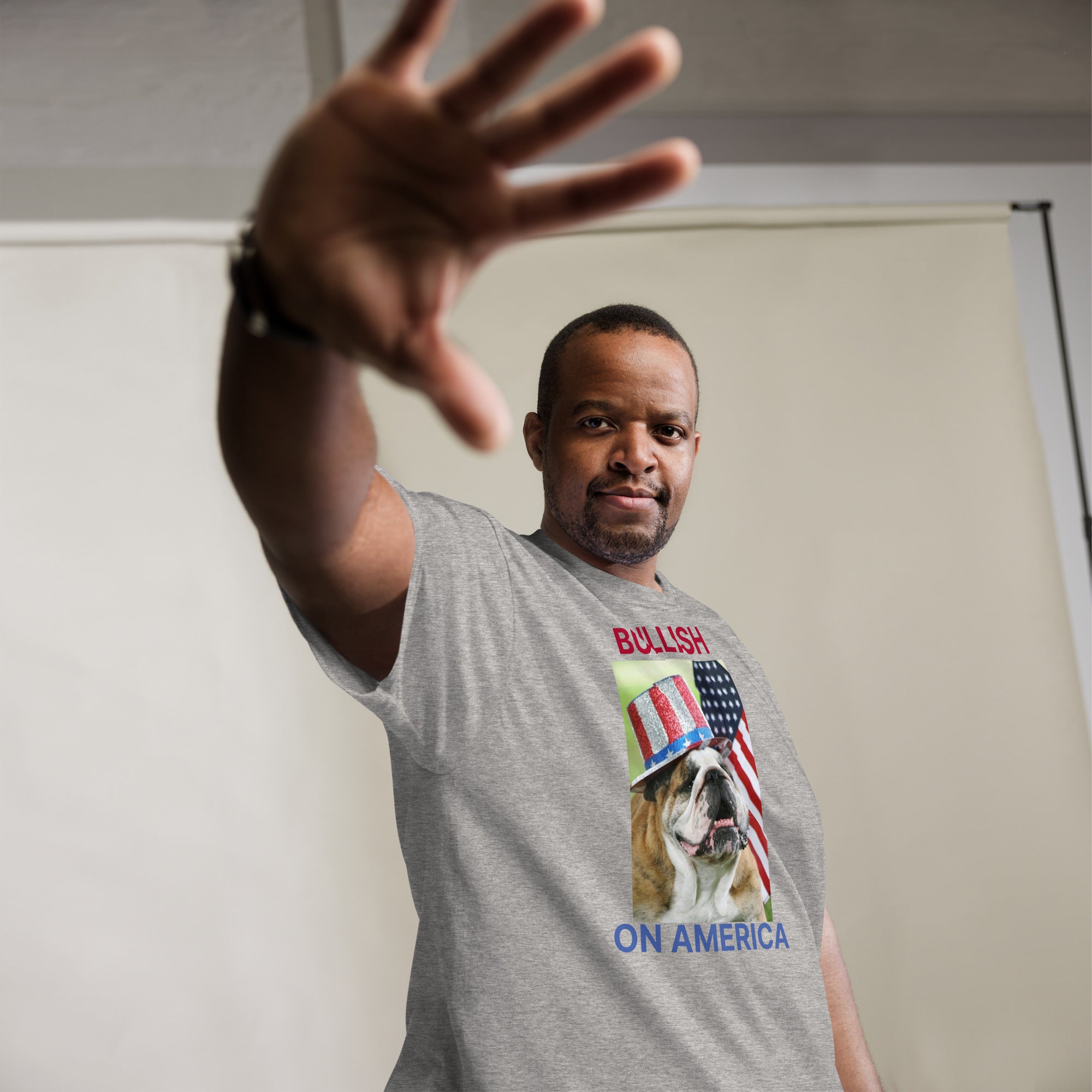 Patriotic Bullish on America Bulldog with Uncle Sam hat gray big & tall shirt on male model