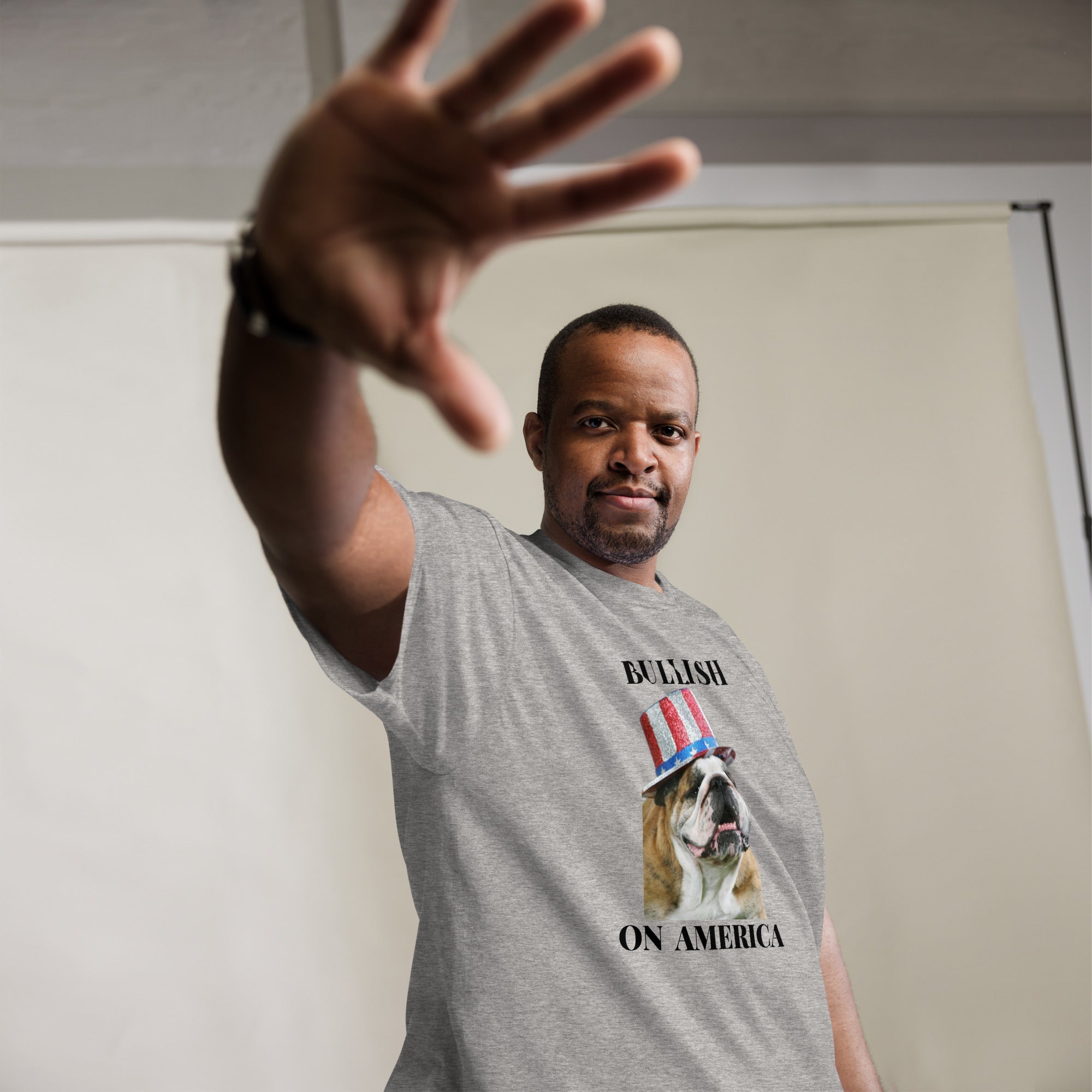 Man wearing big & tall Bullish on America English Bulldog Patriotic Gray T-Shirt
