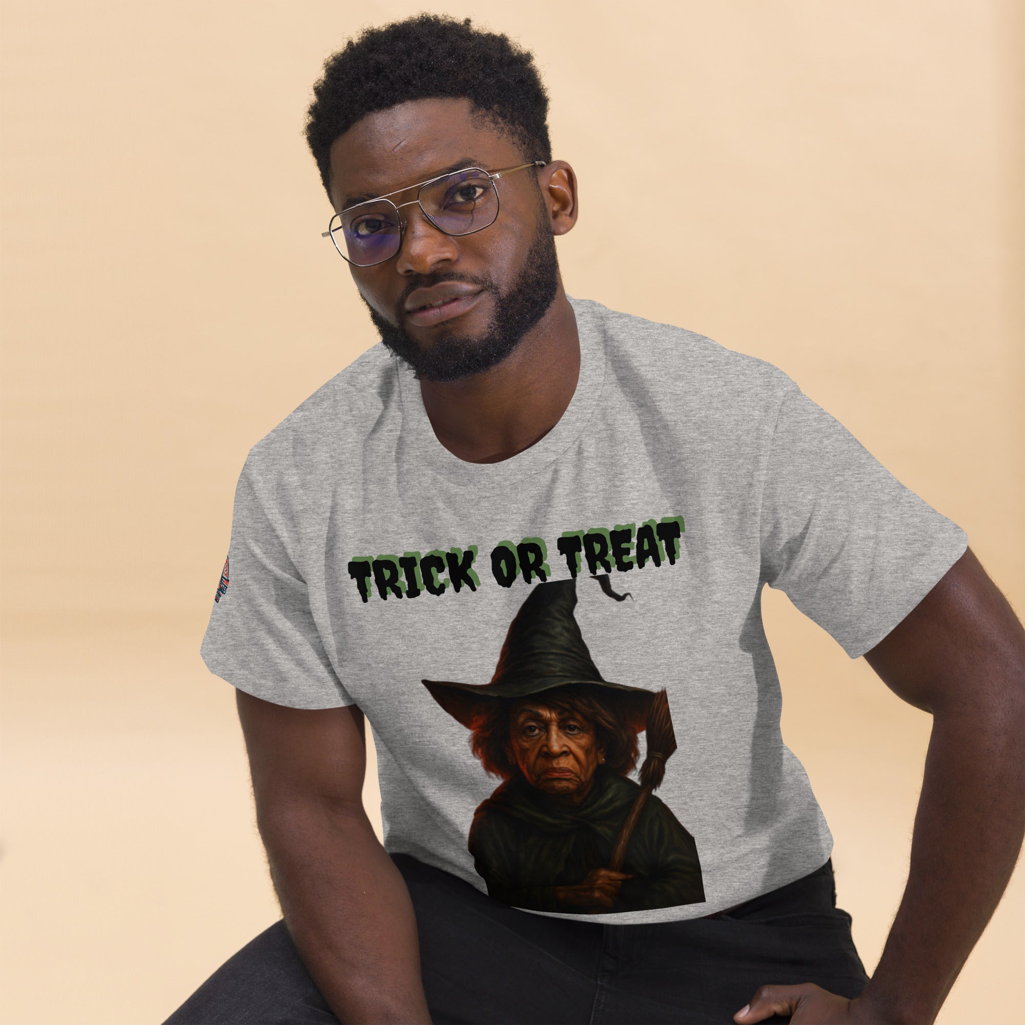 Man Wearing Gray Halloween Graphic T-Shirt - Scary Witch design unisex fit