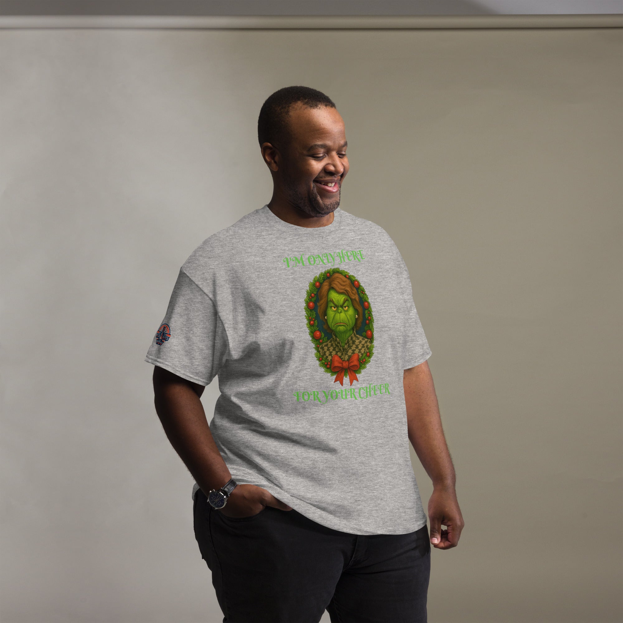 Man wearing gray big and tall conservative Christmas shirt "I'm Only Here For Your Cheer' - funny political holiday apparel.