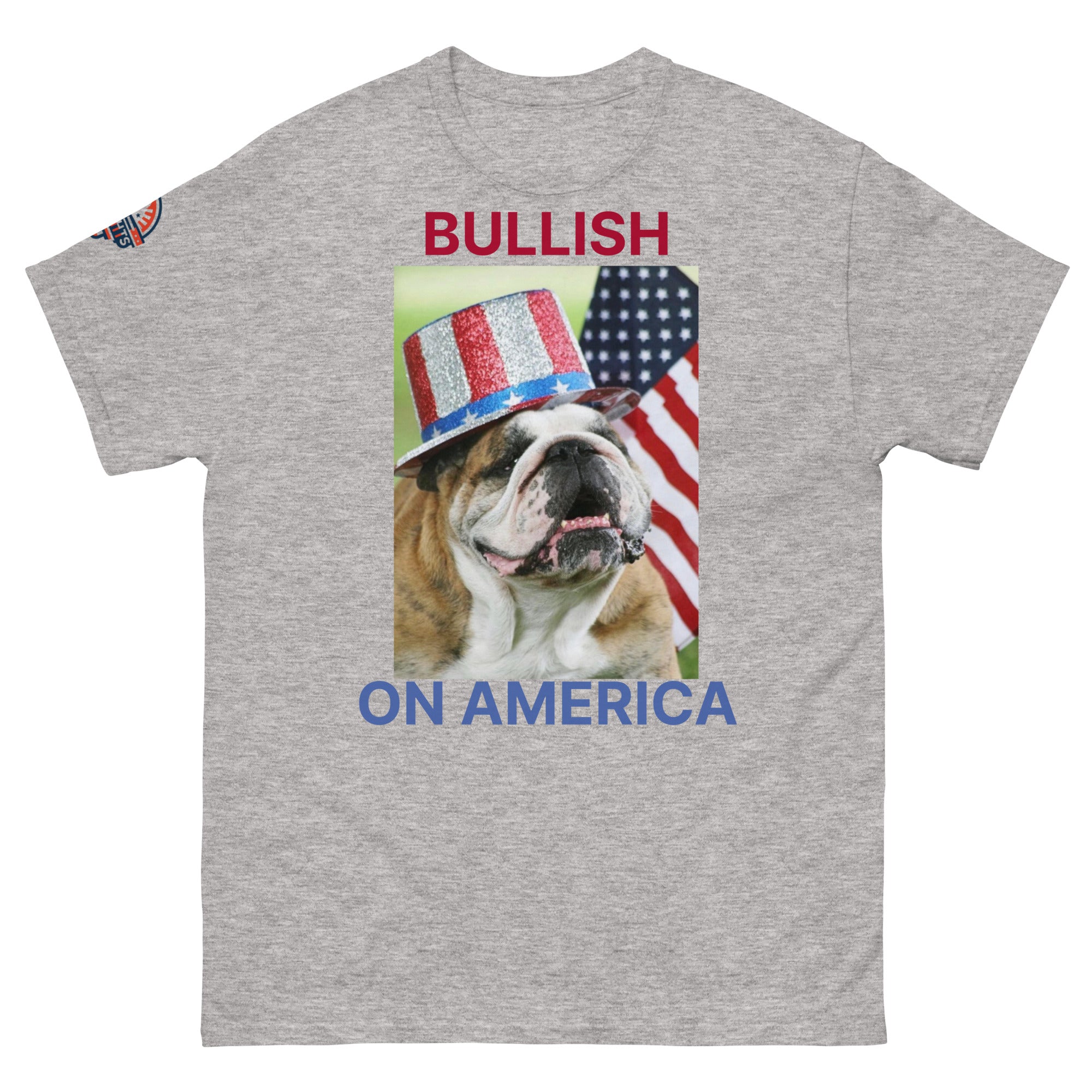 Bullish on America English Bulldog T-Shirt with Uncle Sam hat in gray - patriotic USA dog lover tee