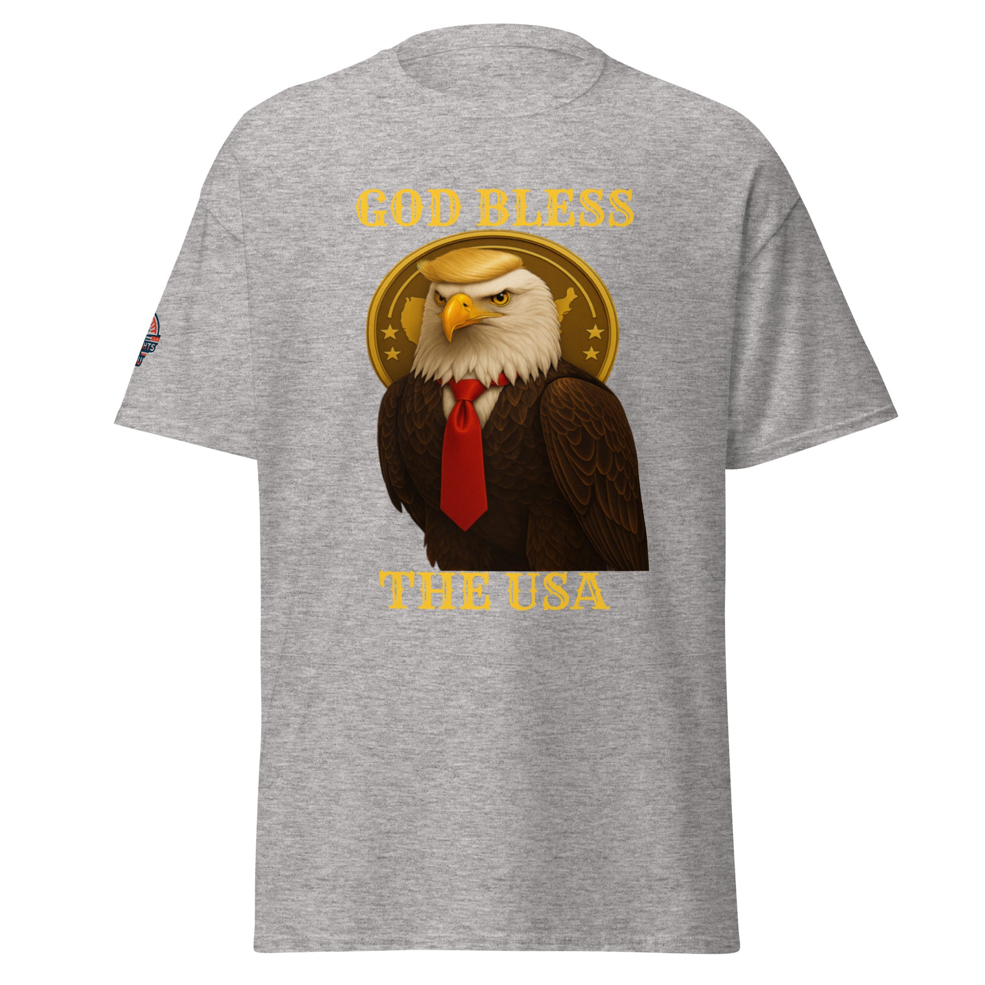 God Bless The USA patriotic Trump eagle T-shirt in gray with Golden Age and bald eagle graphic