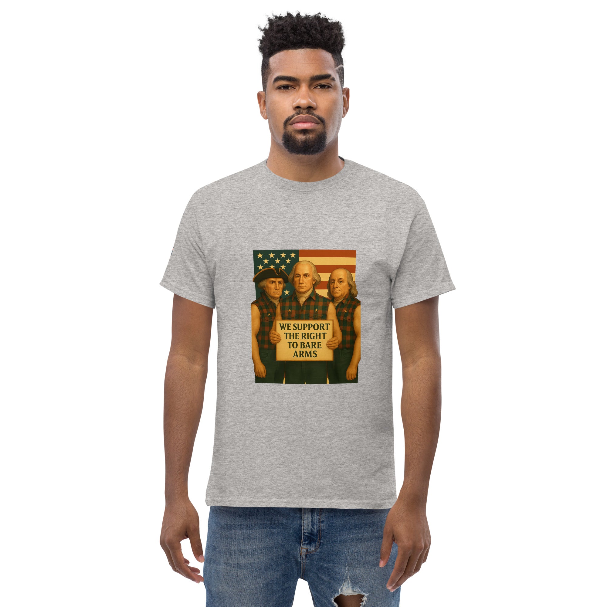 Man wearing gray Founding Fathers patriotic tee