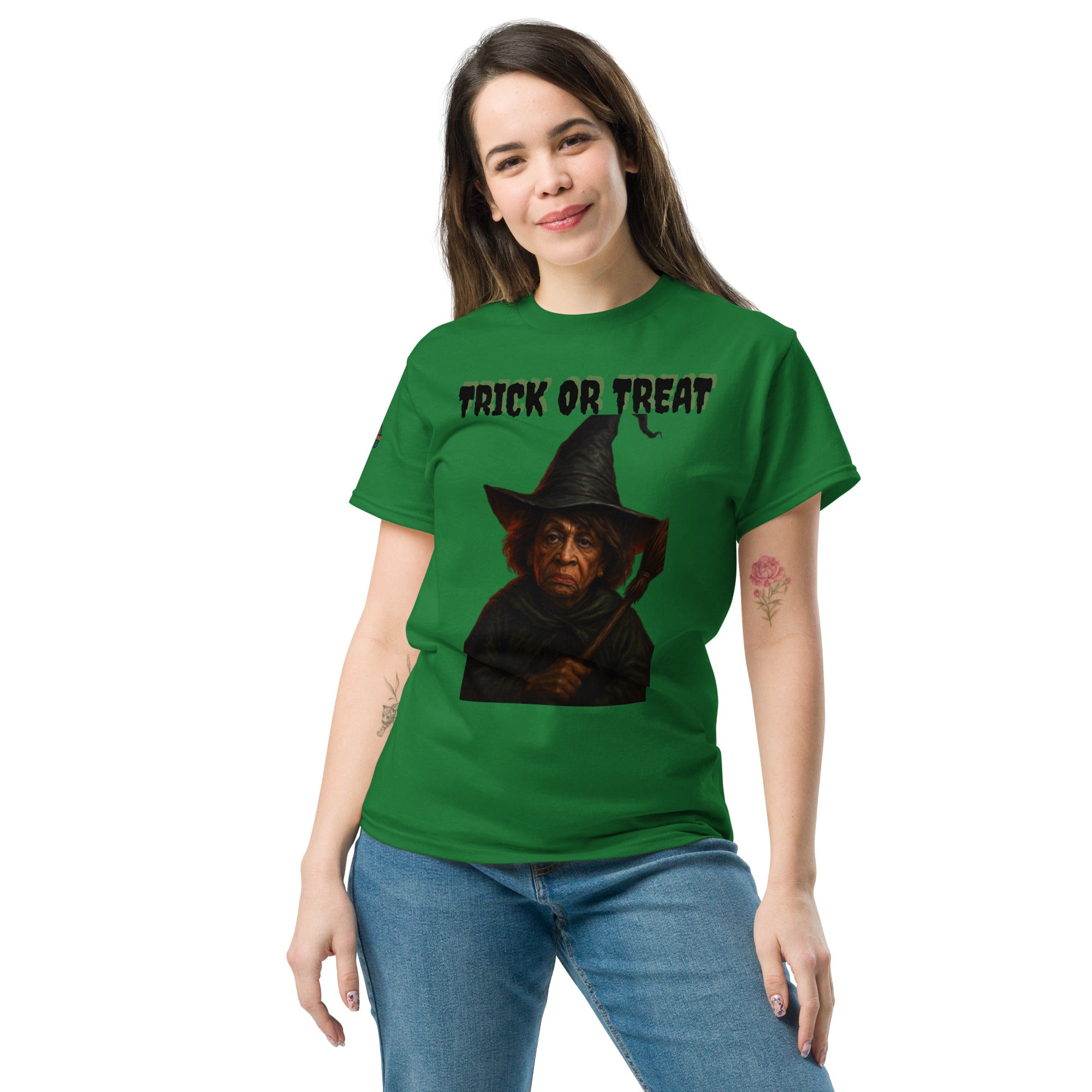 Person Wearing Green Halloween Graphic T-Shirt - Scary Witch design unisex fit